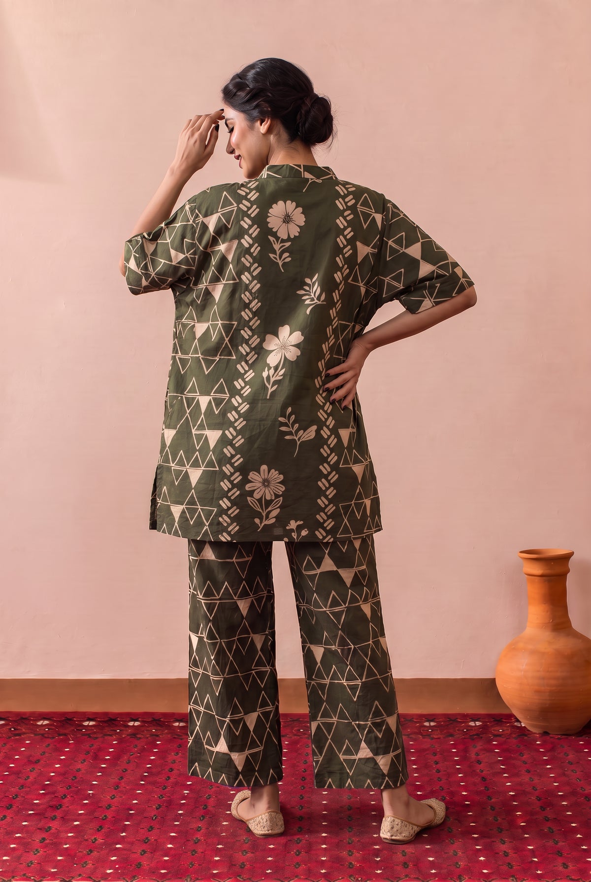 Olive Green Muse Floral Geometry Printed Cotton Co-ord Set