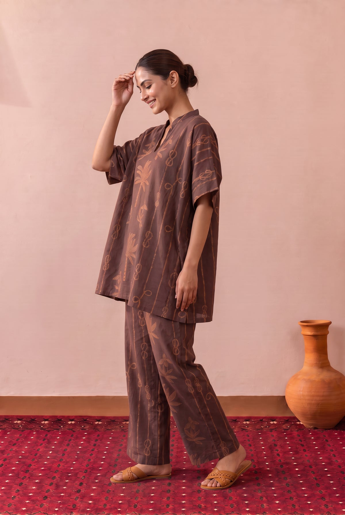 Brown Chestnut Palm Trail Printed Cotton Co-ord Set