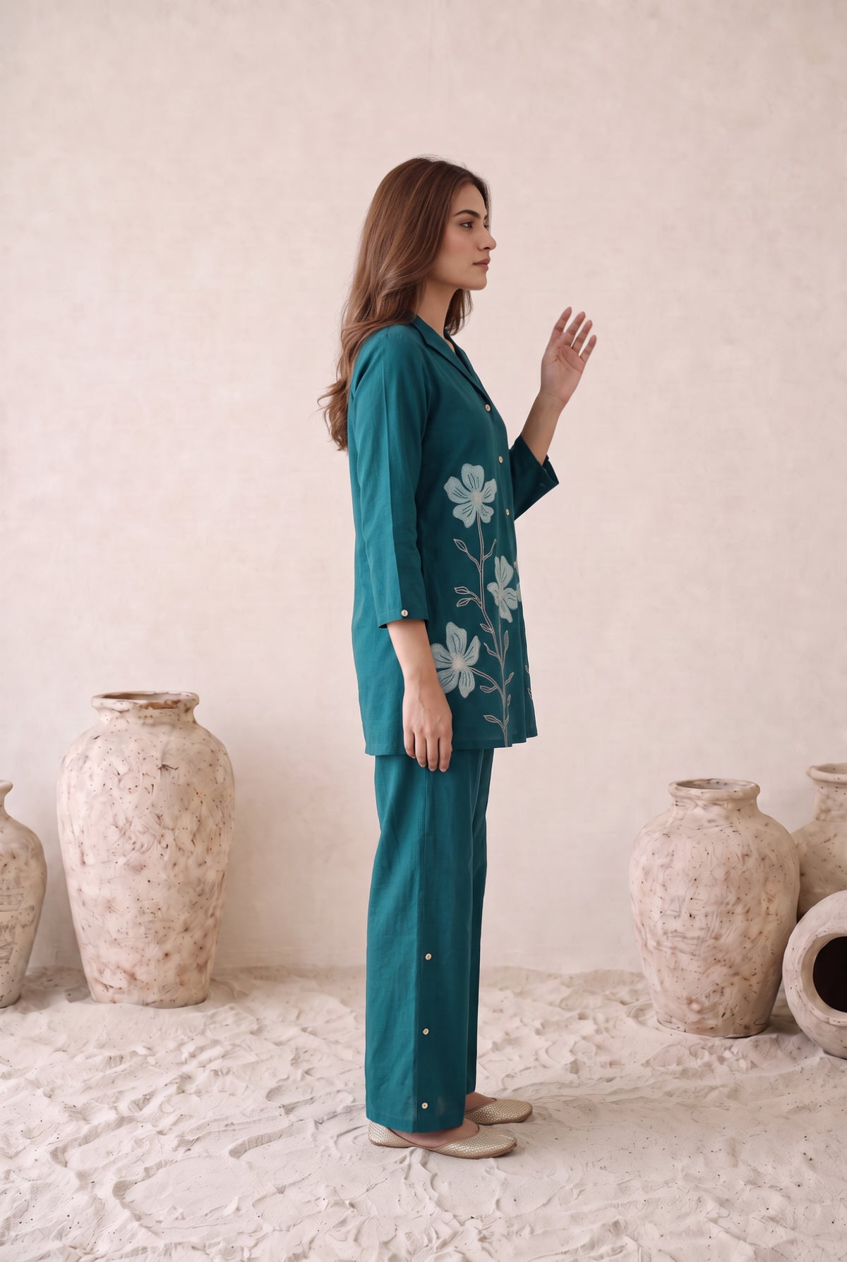 Teal Grace Floral Embroidered Cotton Flex Co-ord Set