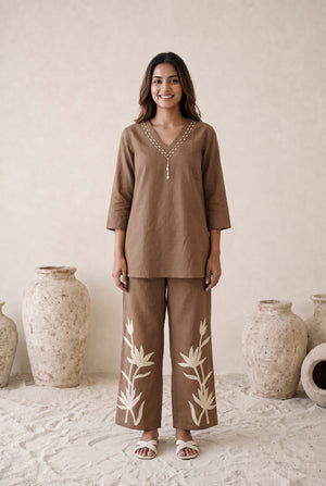 Mocha Botanical Embroidered Cotton Co-ord Set