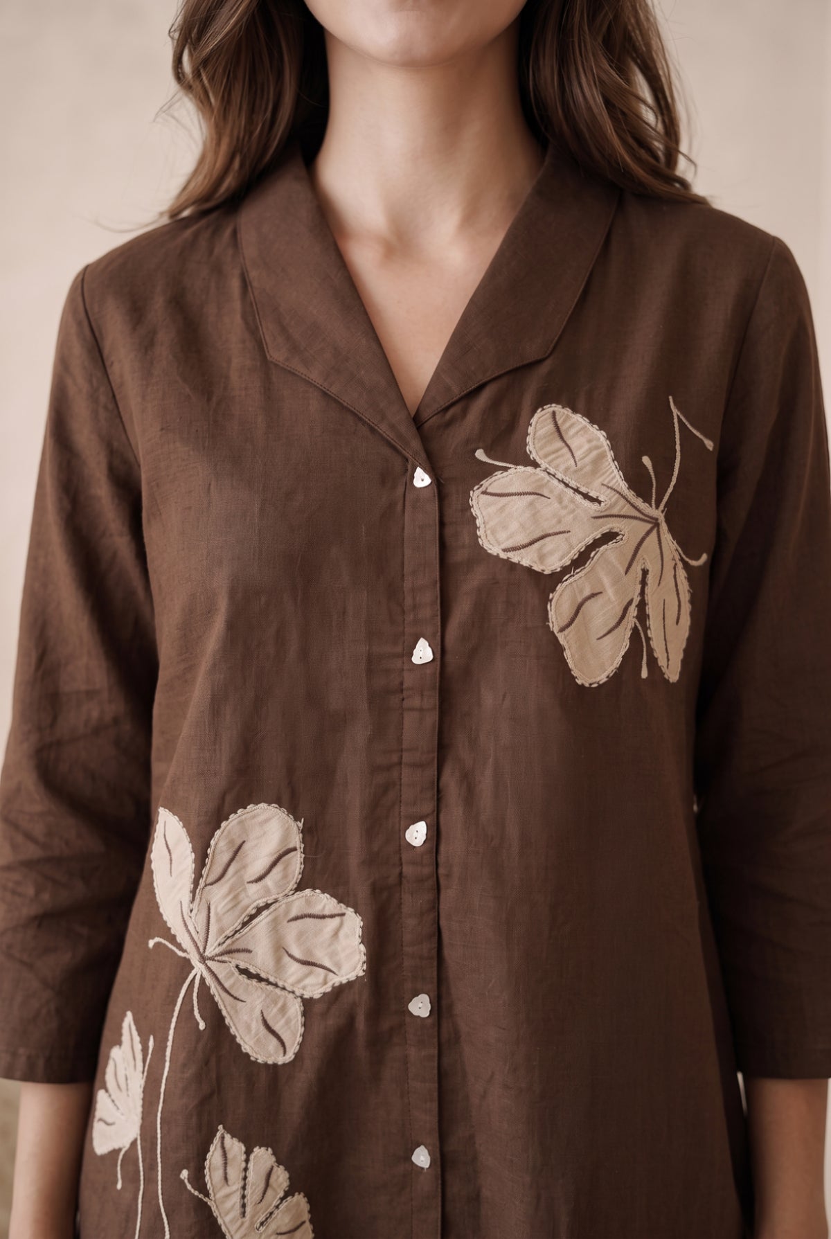 Brown Leaf Embroidered Cotton Co-ord Set