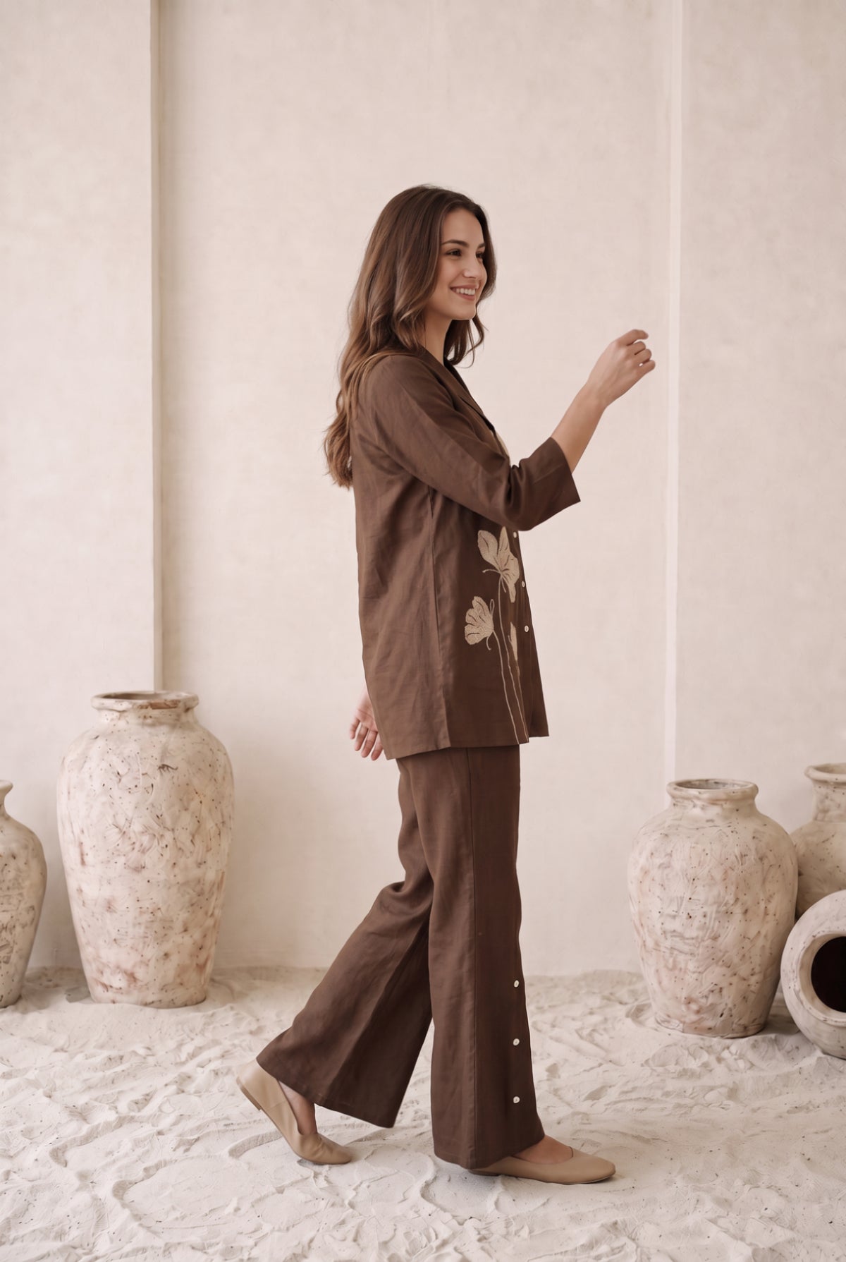 Brown Leaf Embroidered Cotton Co-ord Set