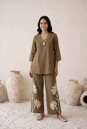 Brown Botanical Cotton Flex Co-Ord Set