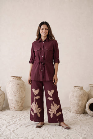 Wine Botanical Embroidered Cotton Flex Co-ord Set