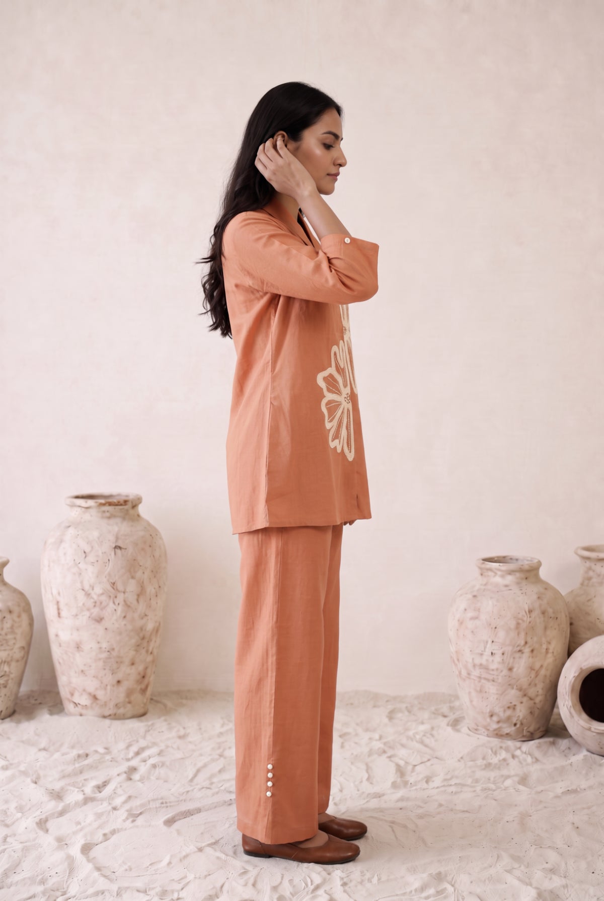 Peach Bloom Embroidered Cotton Co-ord Set