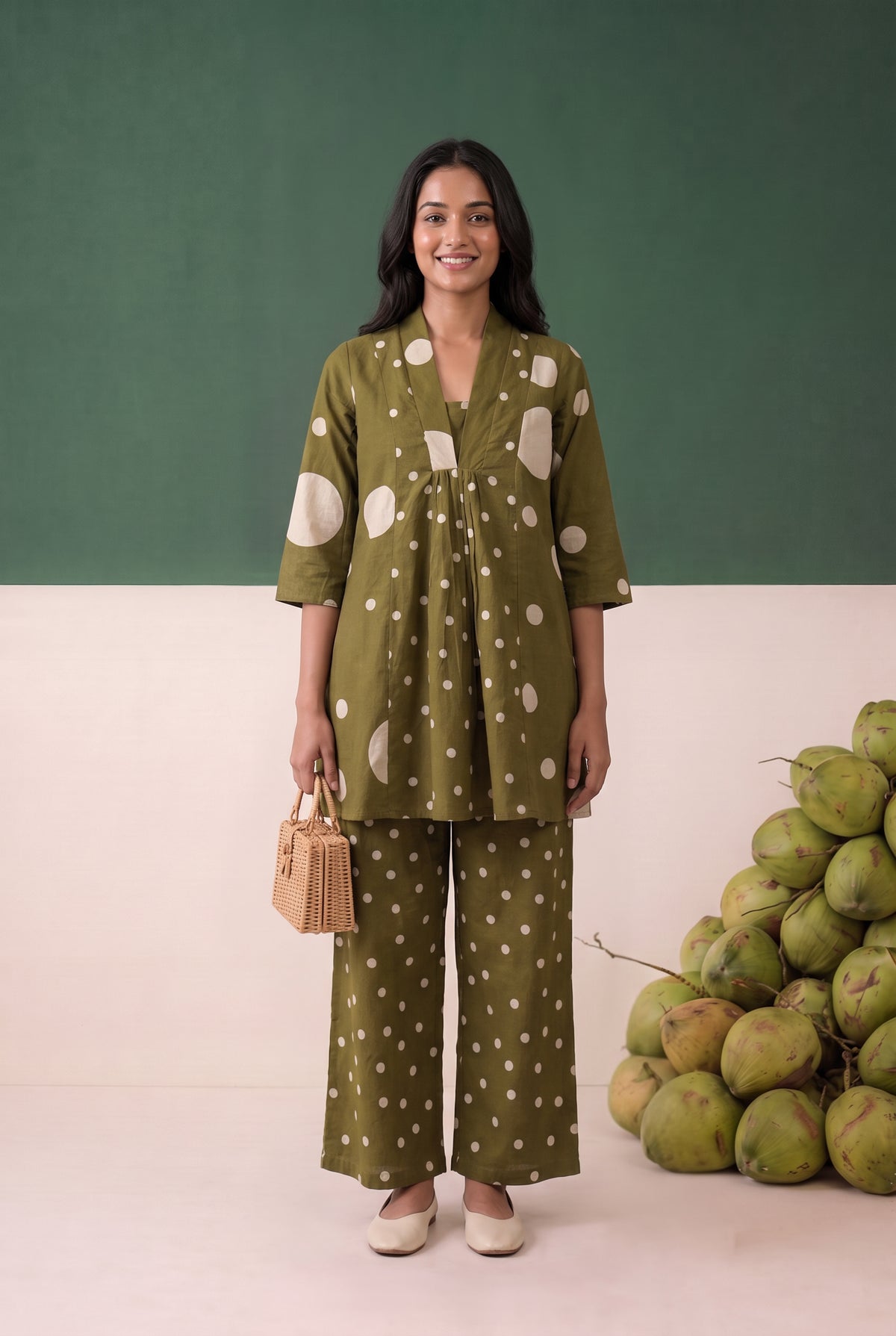 Olive Green Artistic Dot Pattern Printed Cotton Flex Co-ord Set