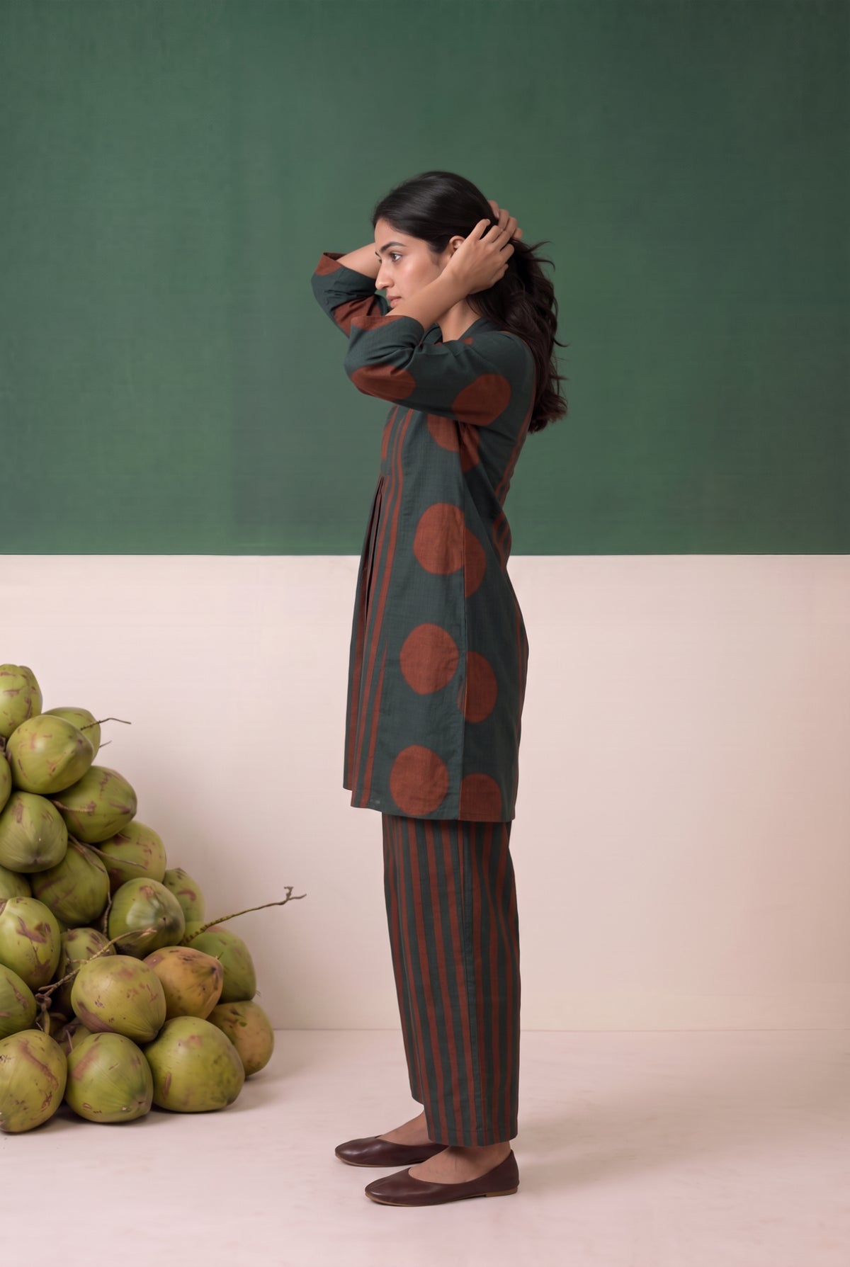 Teal Circle Vertical Stripe Printed Cotton Co-ord Set