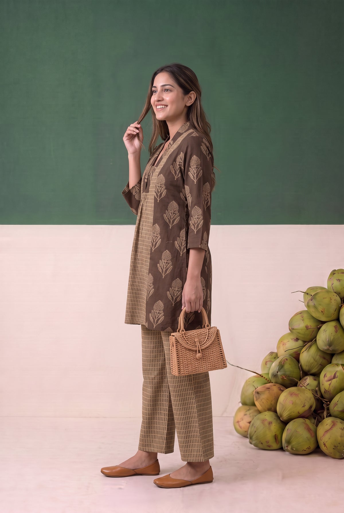 Brown Floral Printed Contrast Grid Panel Cotton Flex Co-ord Set