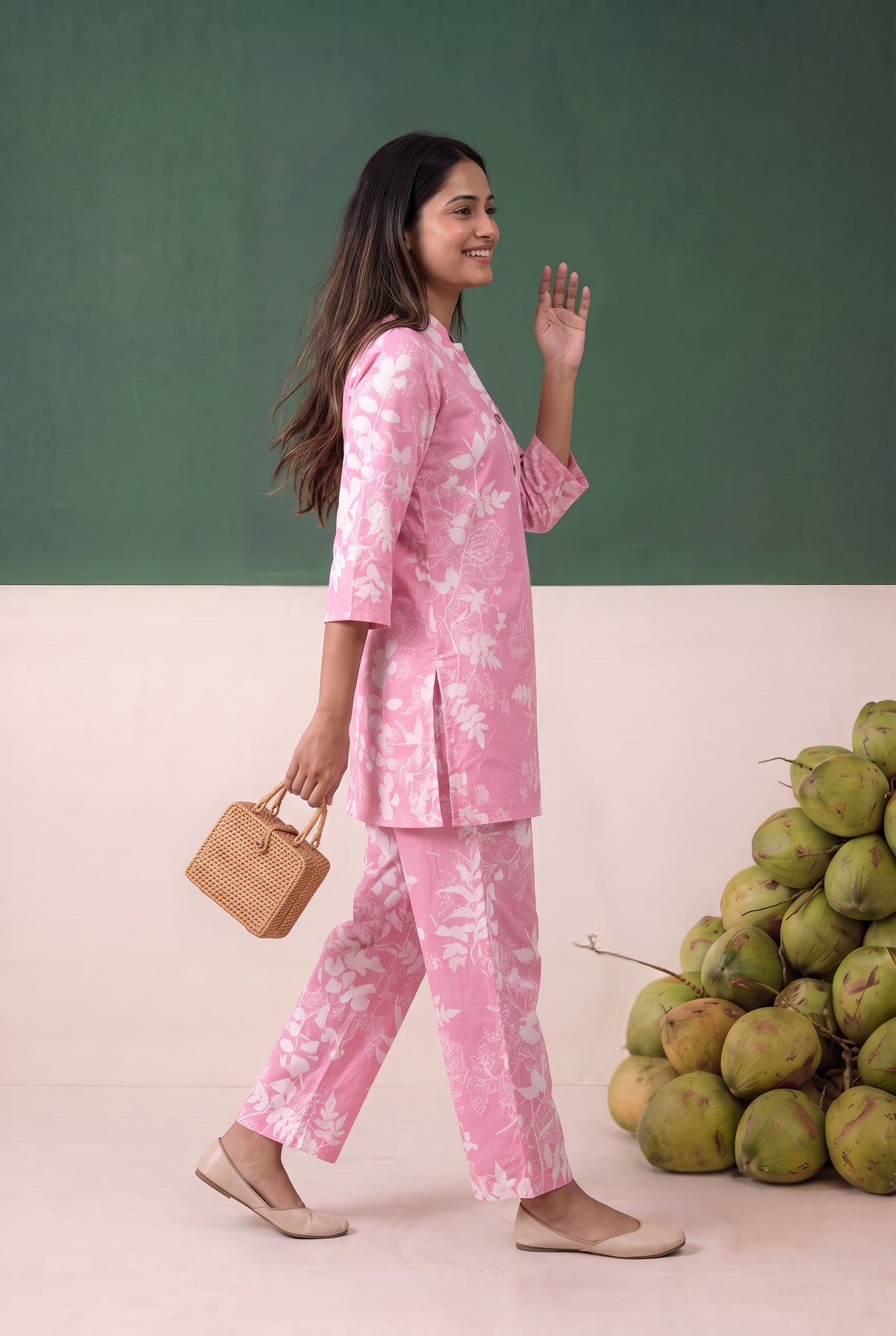 Pink Nature-Inspired Floral and Leaf Printed Cotton Co-ord Set