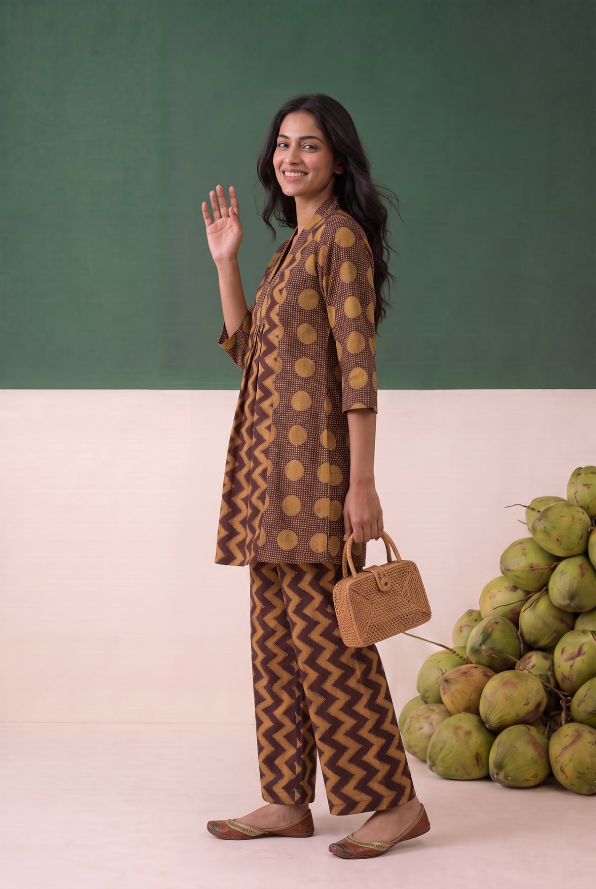 Brown Zigzag Chevron Printed Cotton Flex Co-ord Set