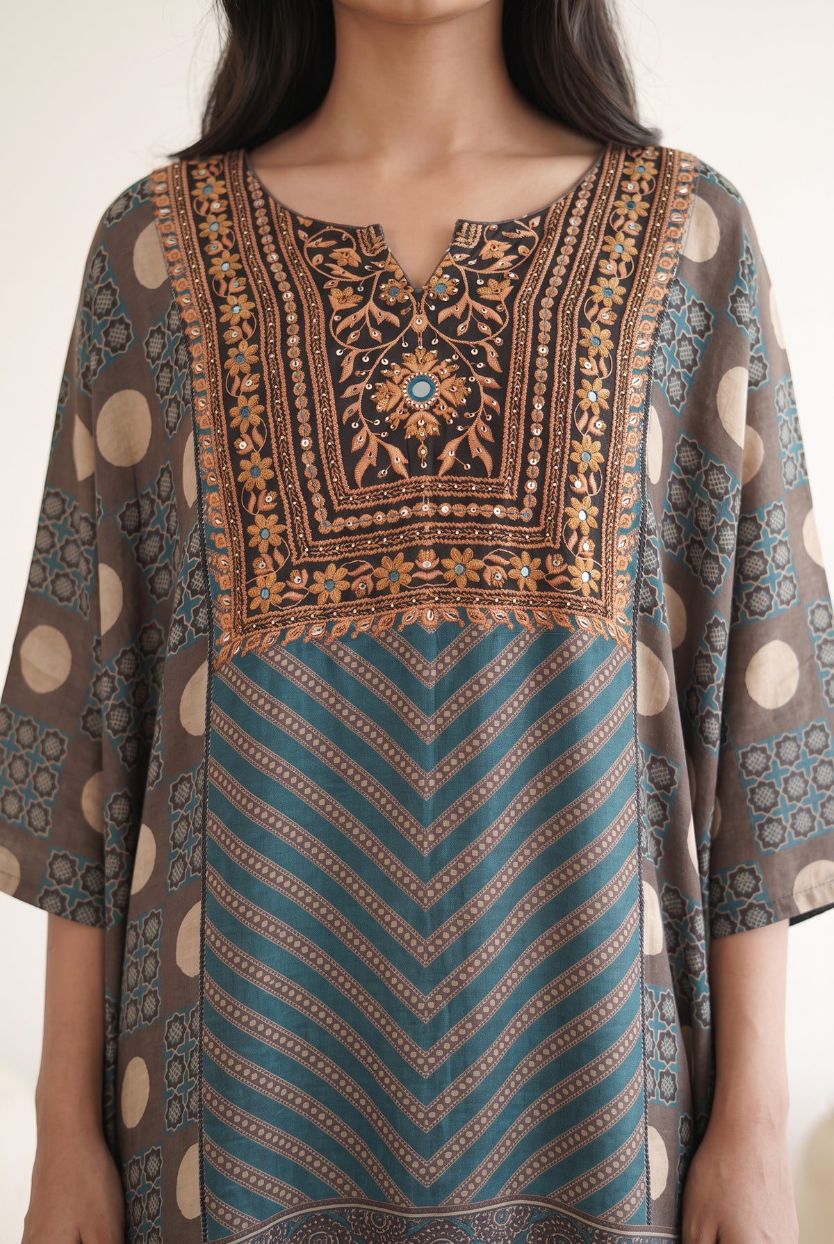 Aavya Teal & Brown Floral Printed Muslin Kaftan Set