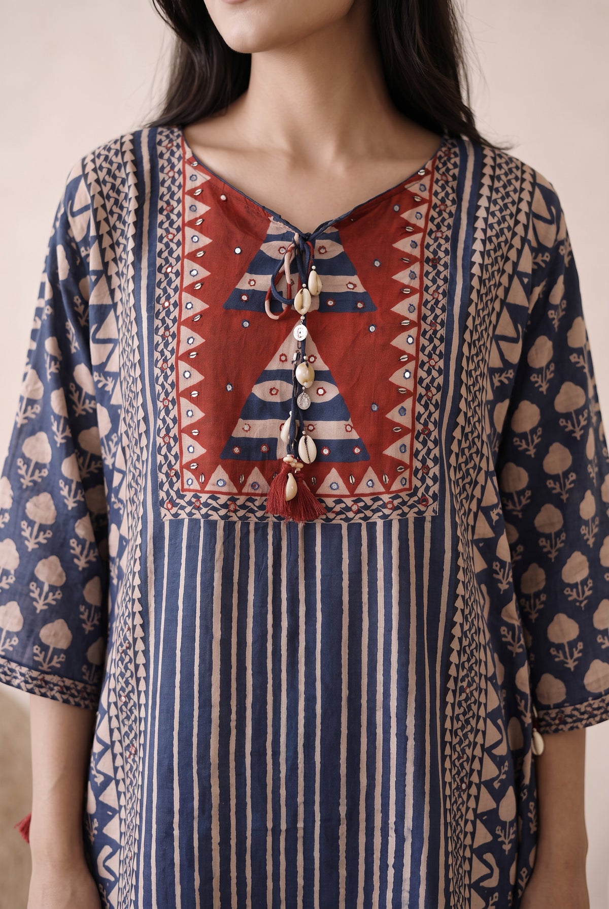Zivara Blue & Rust Floral Printed Muslin Kaftan Set