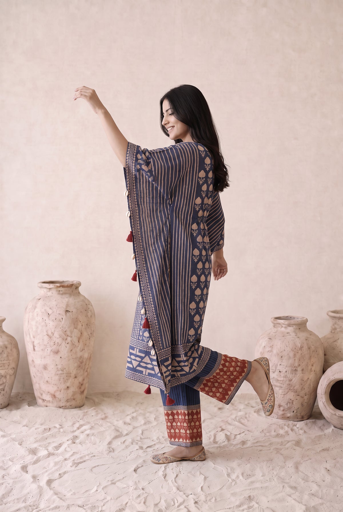 Zivara Blue & Rust Floral Printed Muslin Kaftan Set