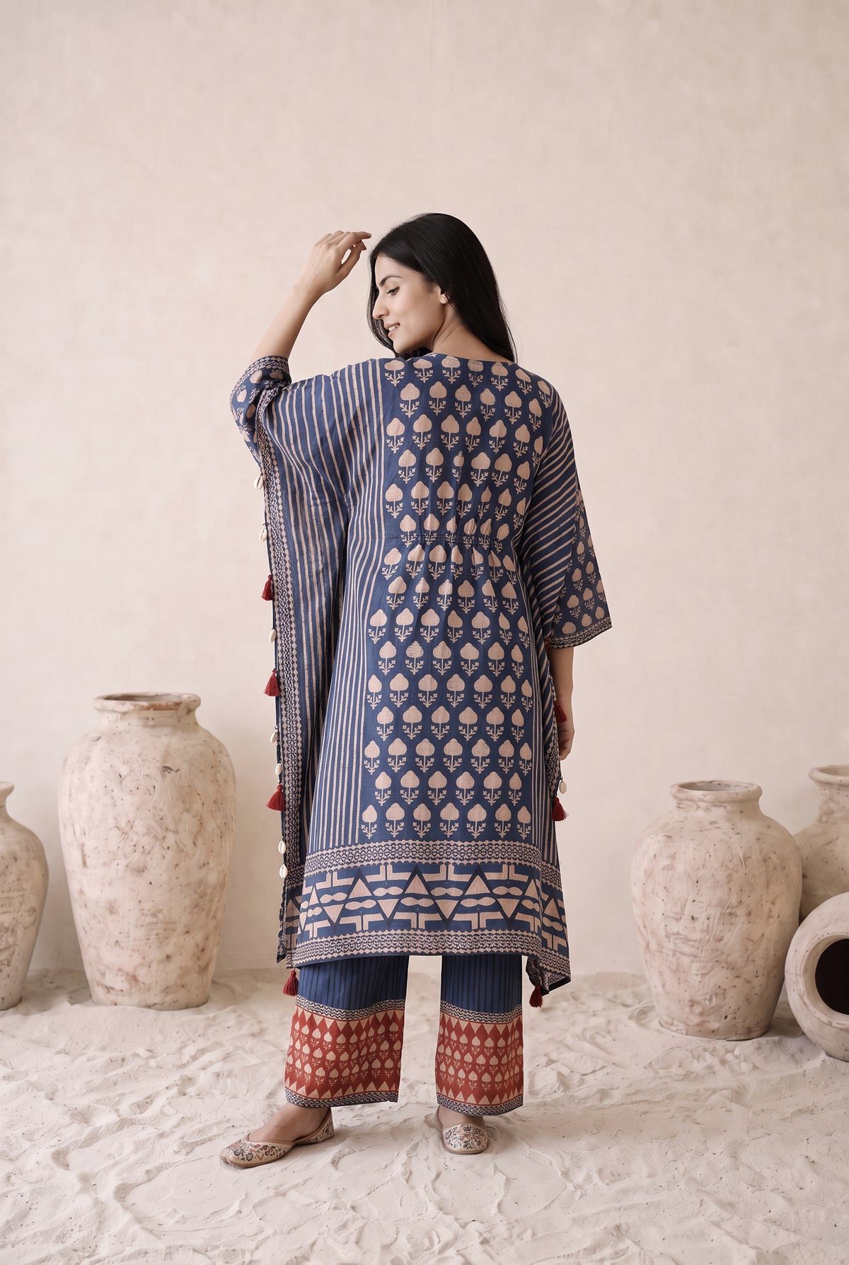 Zivara Blue & Rust Floral Printed Muslin Kaftan Set