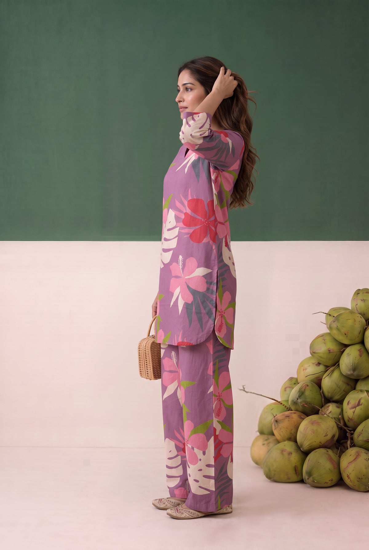 Purple Tropical Floral Printed Cotton Co-ord Set