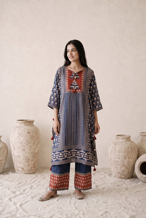 Zivara Blue & Rust Floral Printed Muslin Kaftan Set