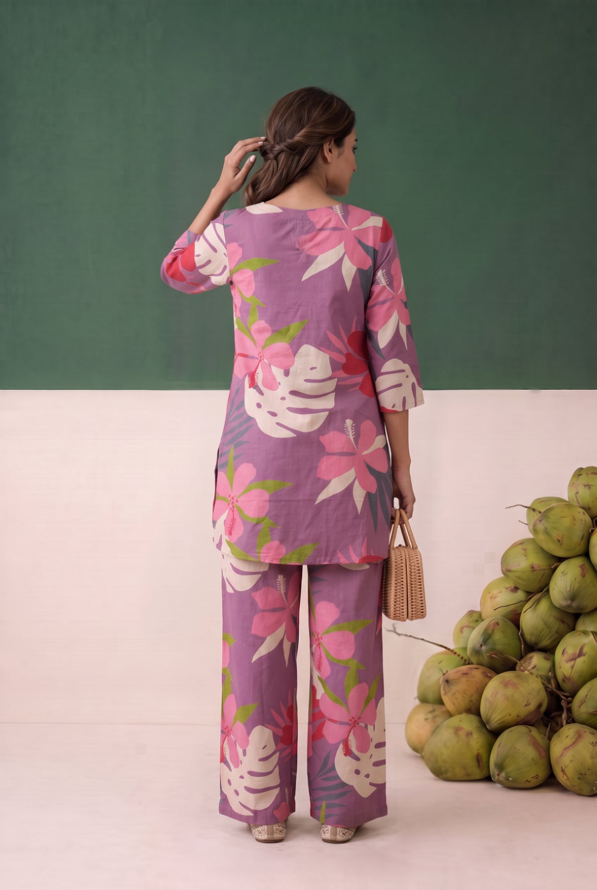 Purple Tropical Floral Printed Cotton Co-ord Set