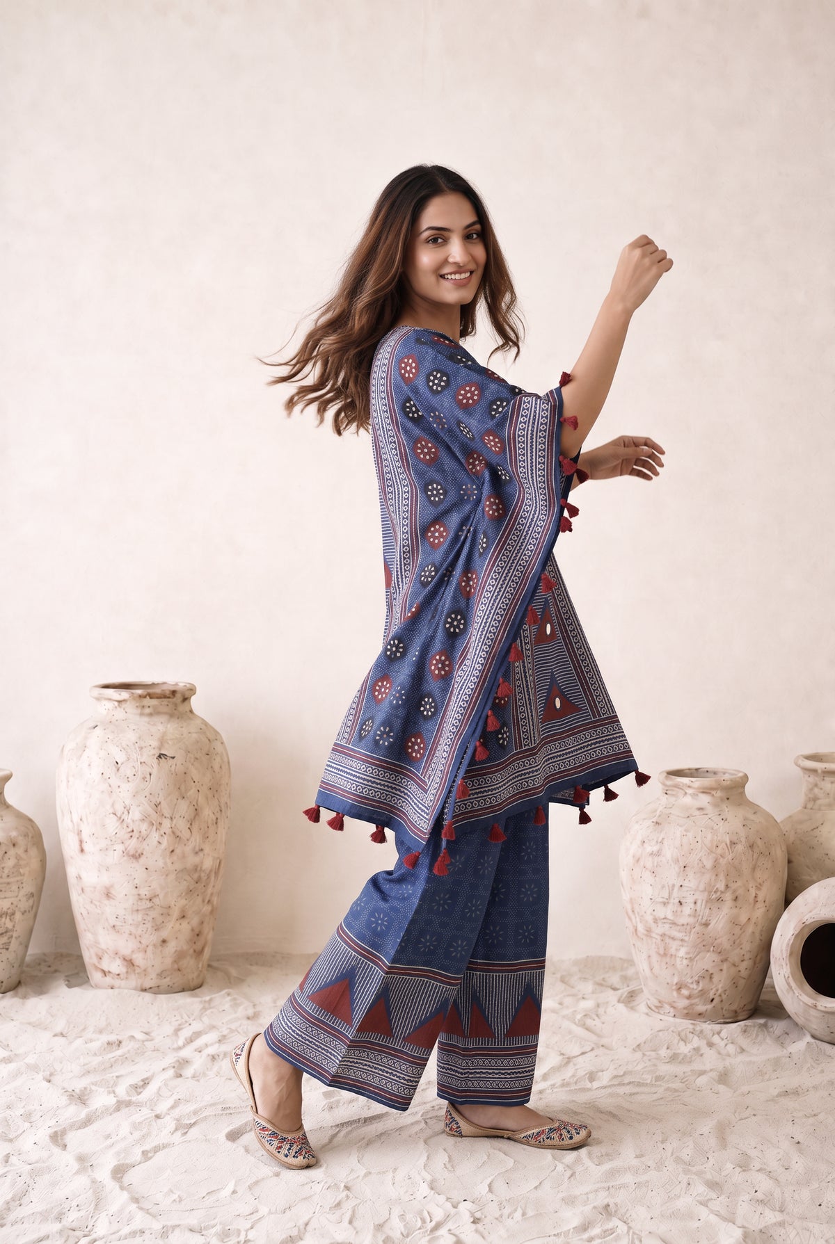 Vanya Blue Multicolour Floral Printed Muslin Kaftan Set