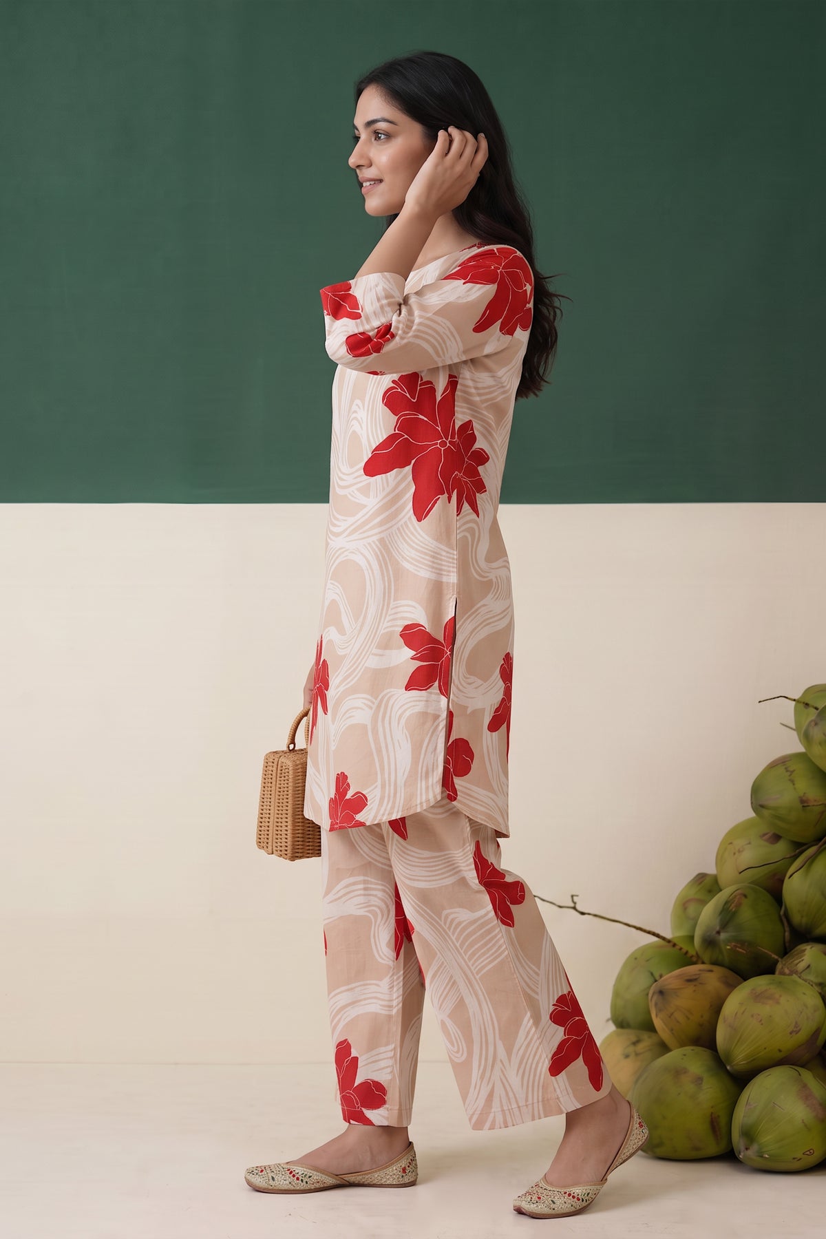 Beige Red Floral Printed Cotton Co-ord Set