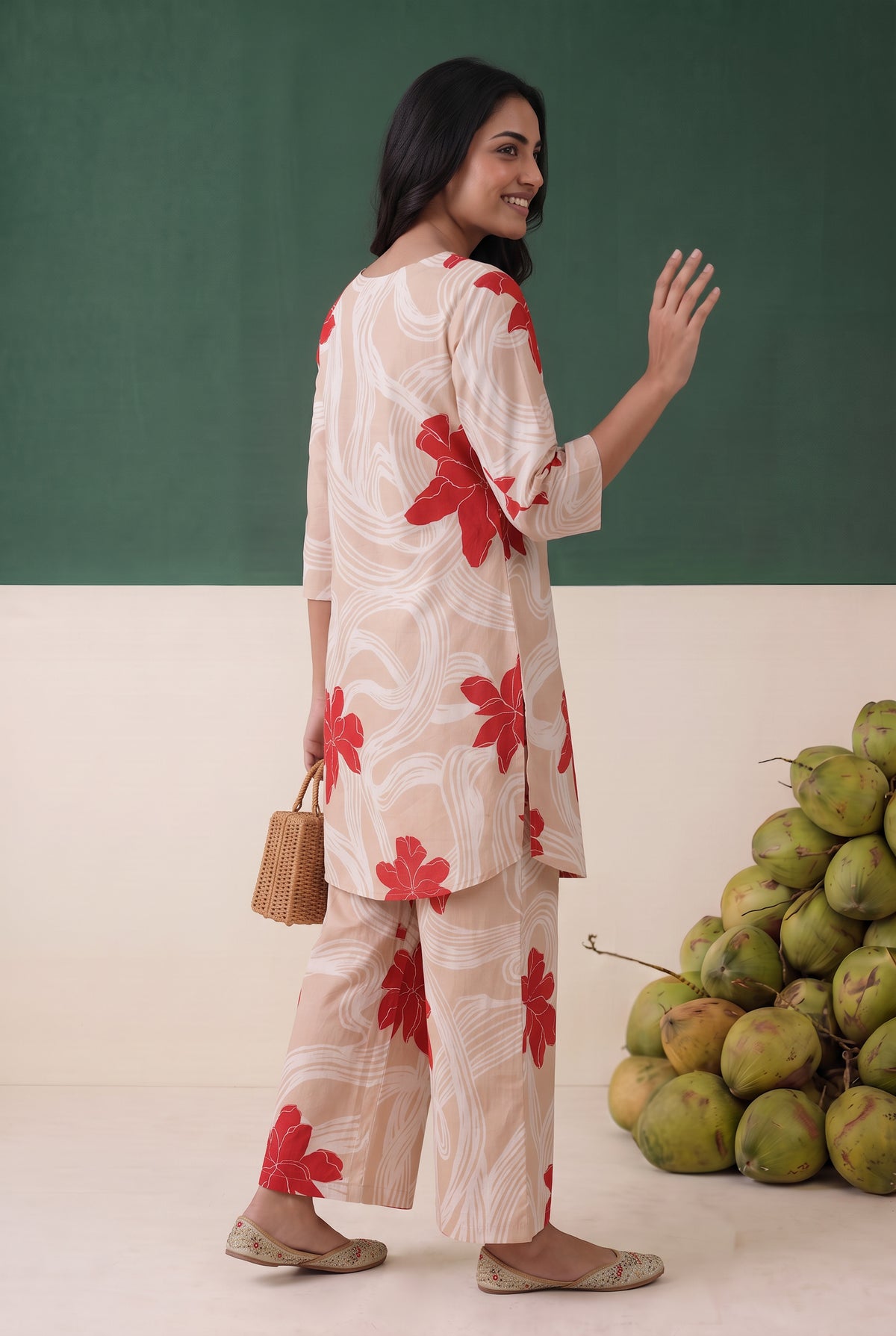 Beige Red Floral Printed Cotton Co-ord Set