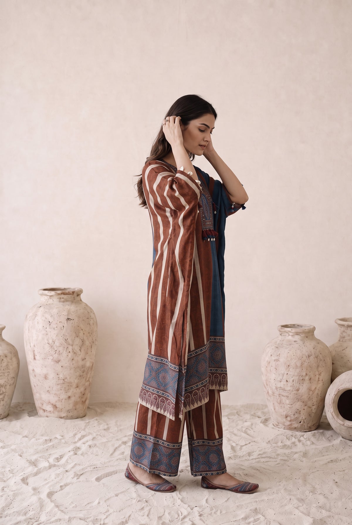 Aarvi Rust & Blue Floral Printed Muslin Kaftan Set