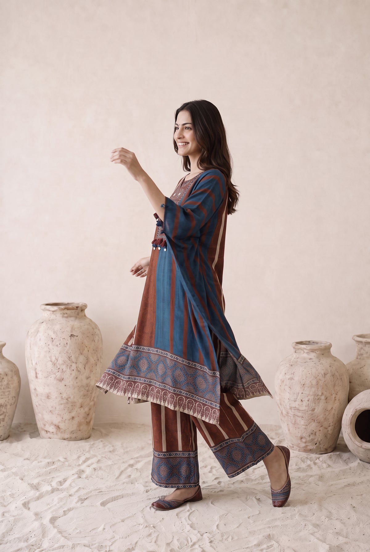 Aarvi Rust & Blue Floral Printed Muslin Kaftan Set