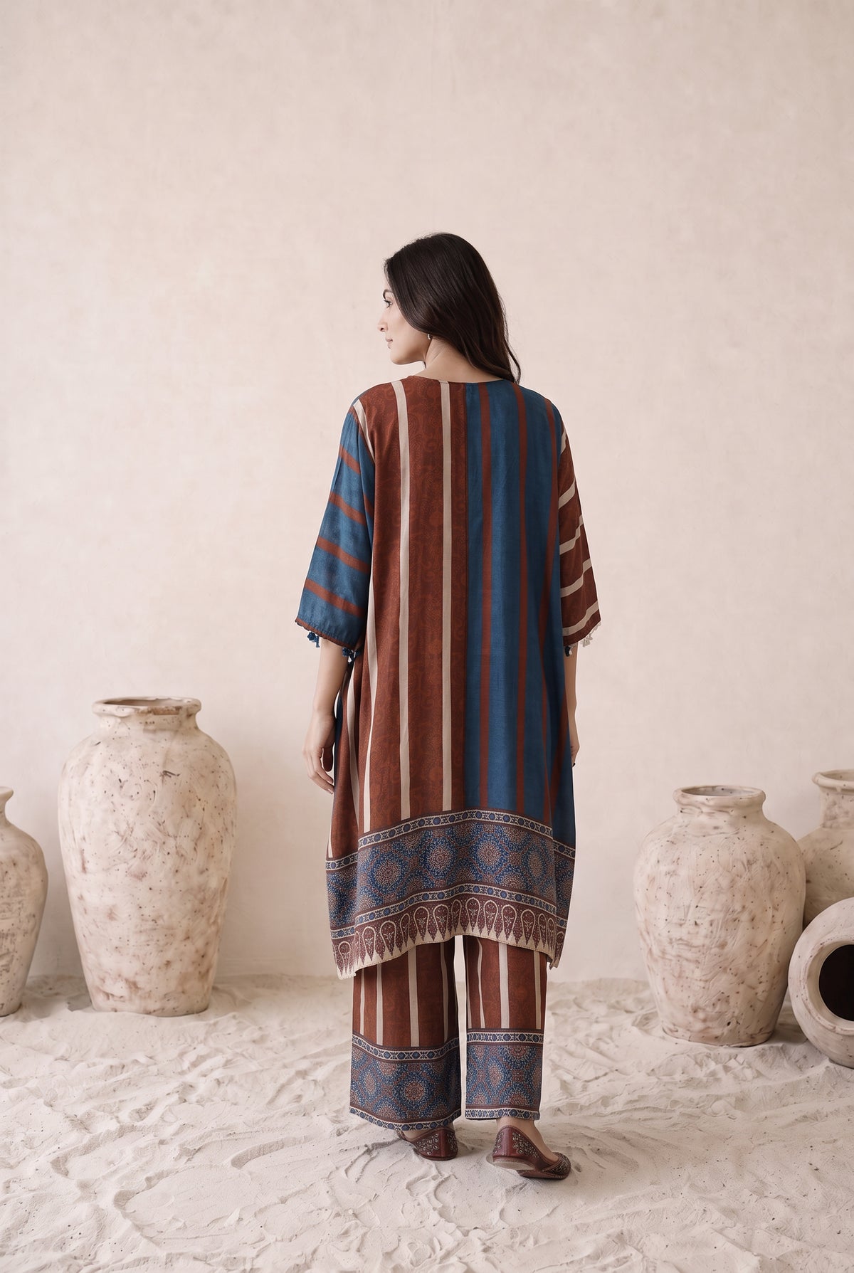 Aarvi Rust & Blue Floral Printed Muslin Kaftan Set