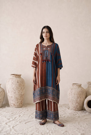 Aarvi Rust & Blue Floral Printed Muslin Kaftan Set