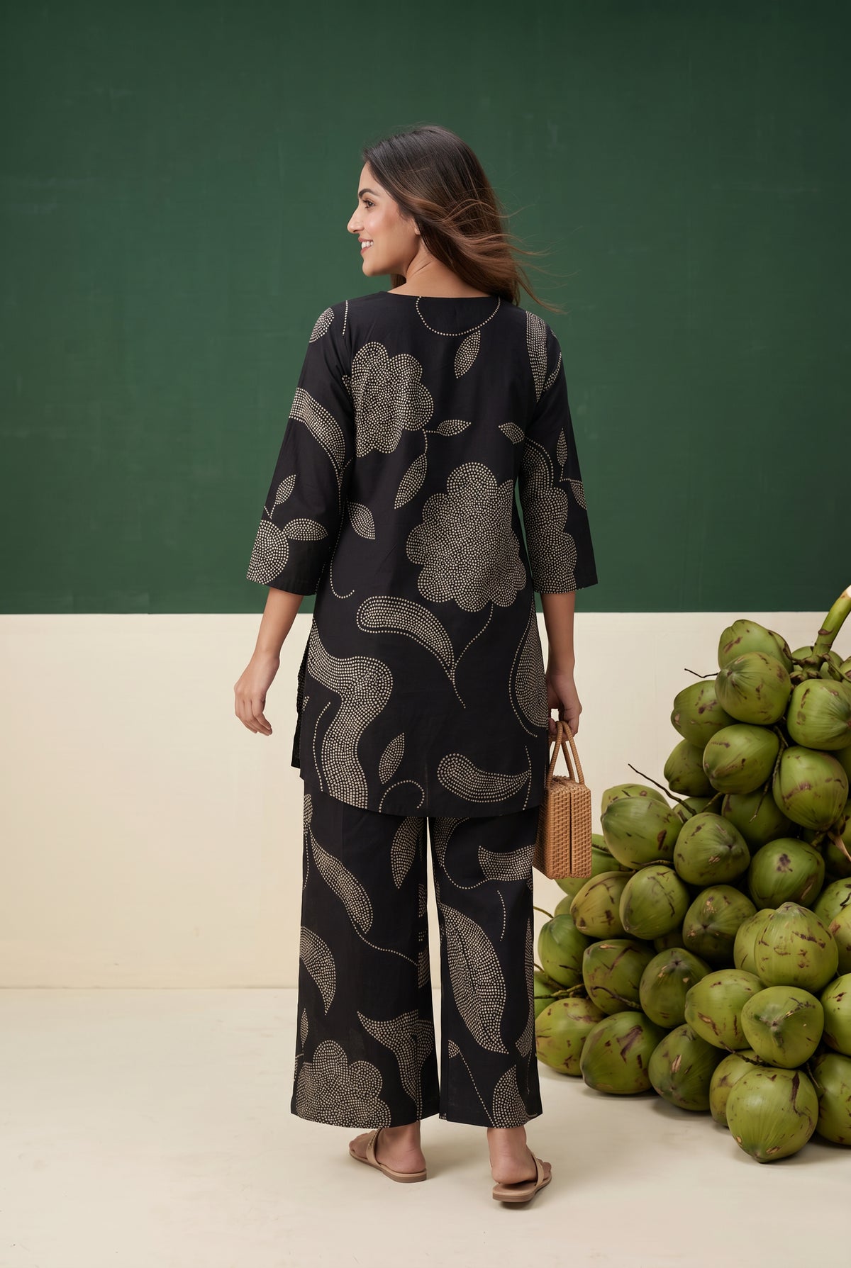 Black Floral and Leaf Printed Cotton Co-ord Set