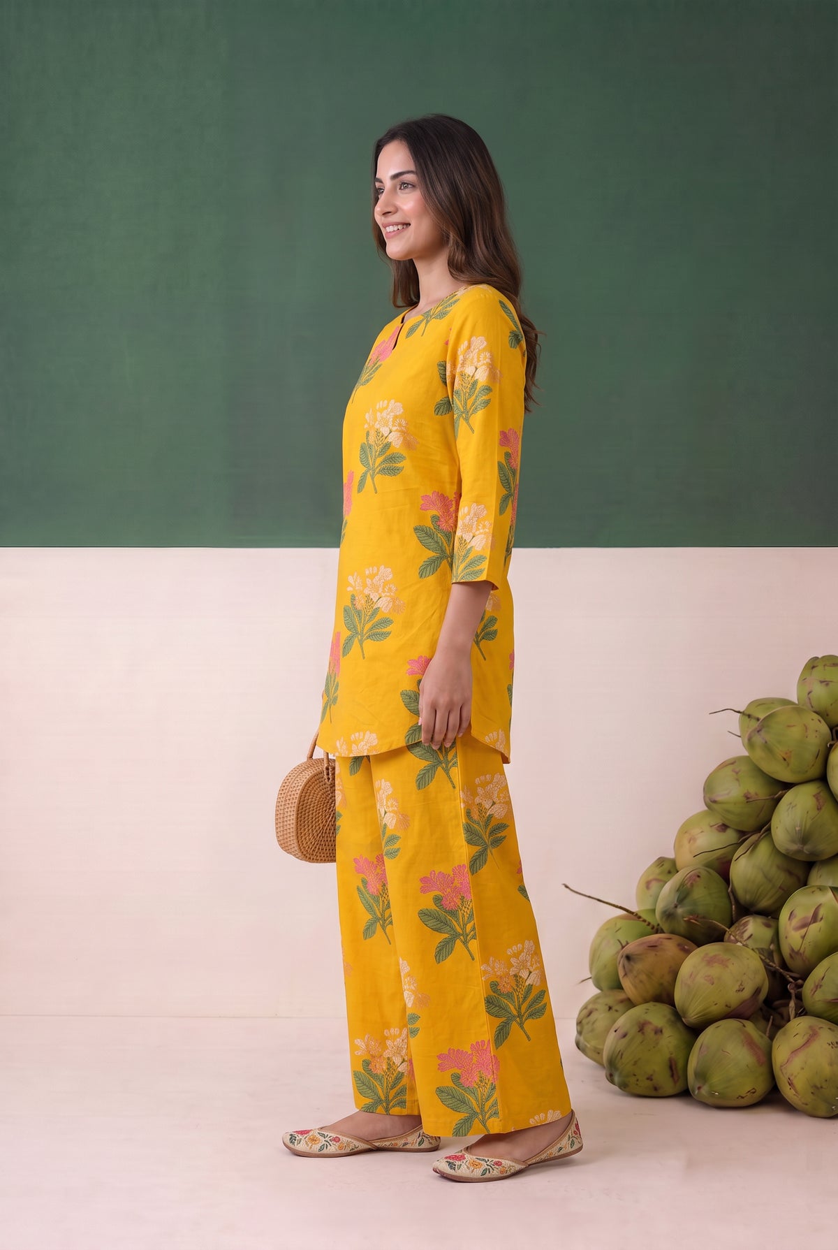 Yellow Floral and Leaf Printed Cotton Co-ord Set