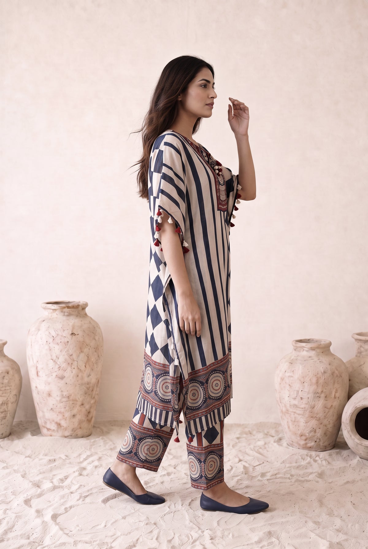 Inaya Navy Blue & Cream Floral Printed Muslin Kaftan Set