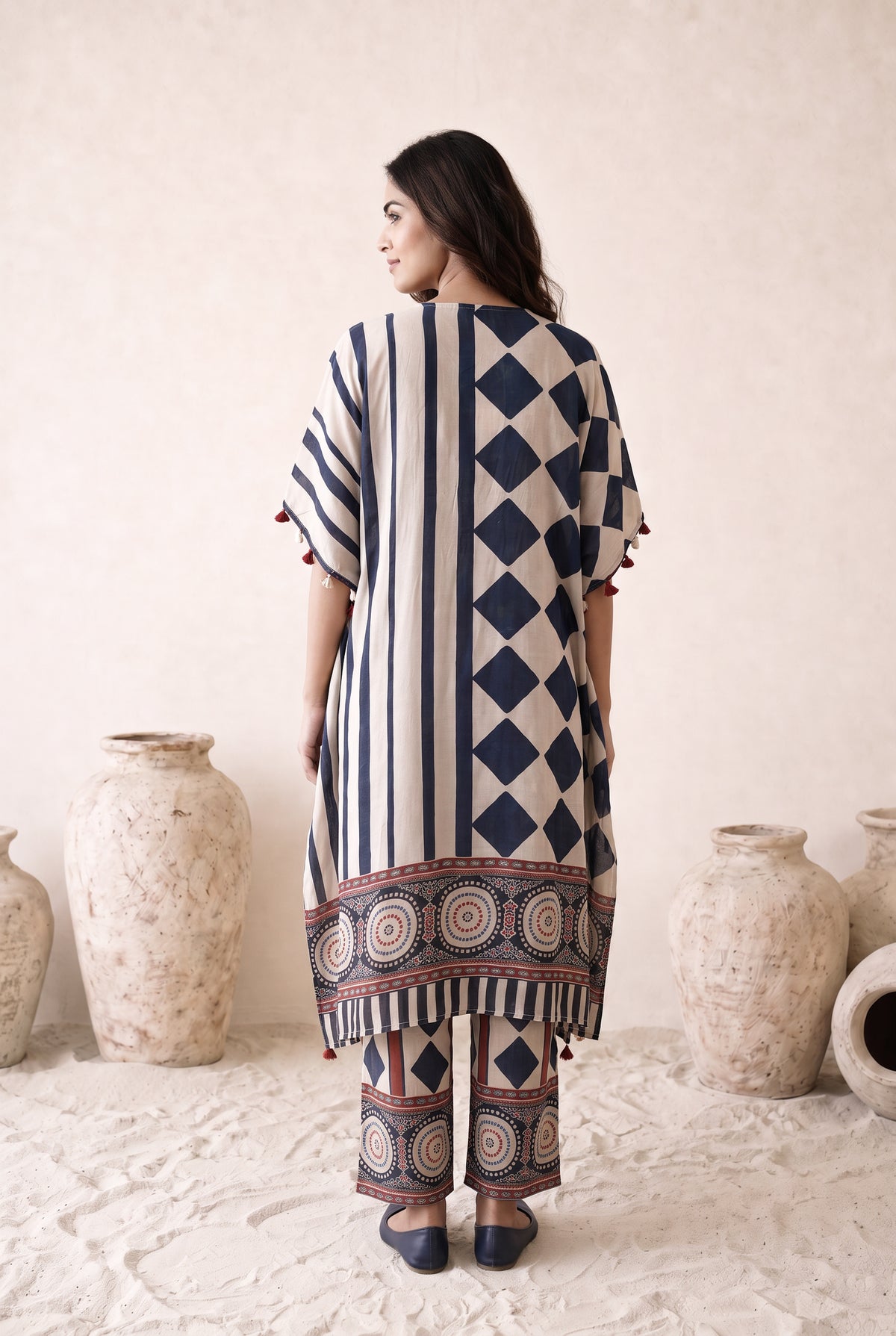 Inaya Navy Blue & Cream Floral Printed Muslin Kaftan Set