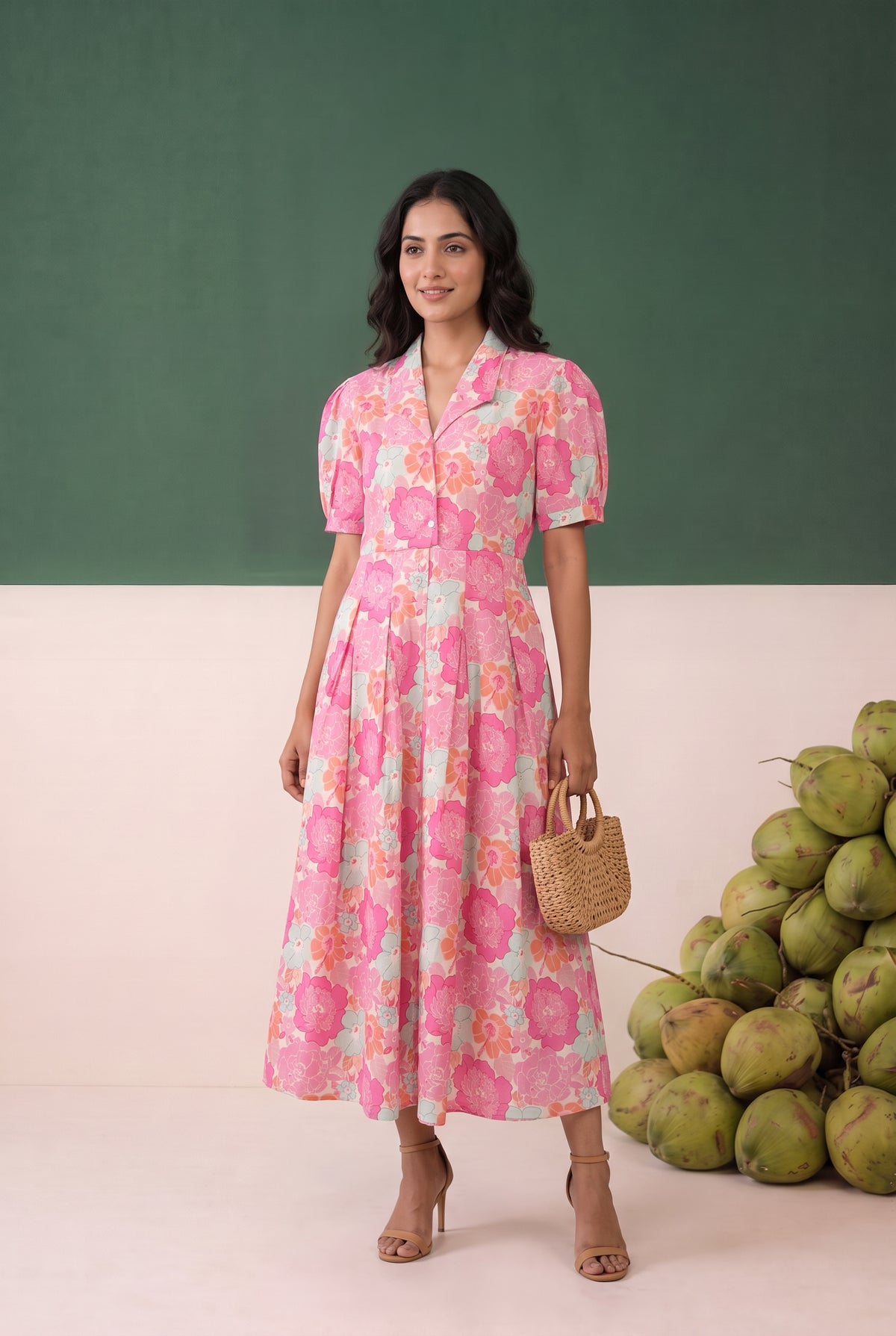 Pink Floral Printed Fit and Flare Midi Cotton Dress