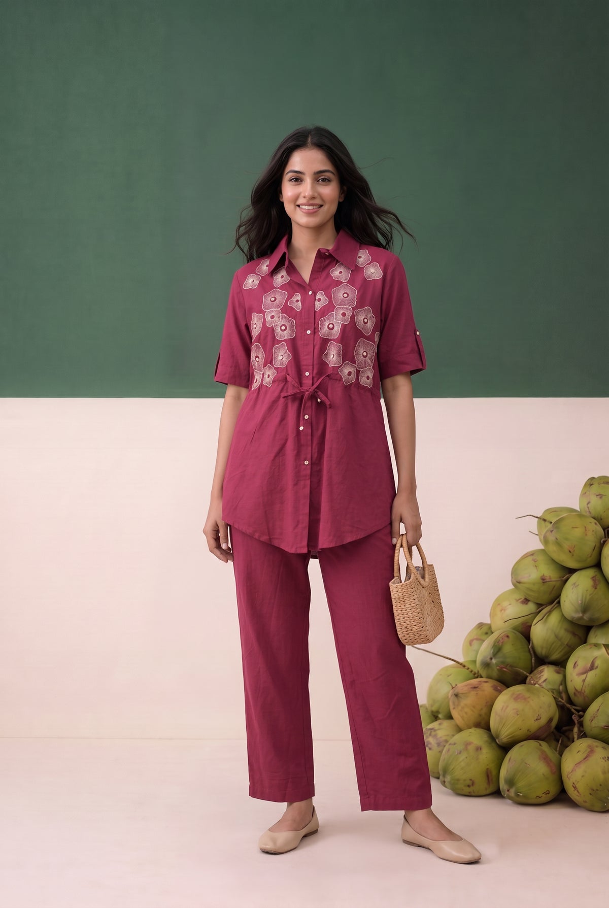 Maroon Floral Embroidered with Waist Belt Cotton Co-ord Set