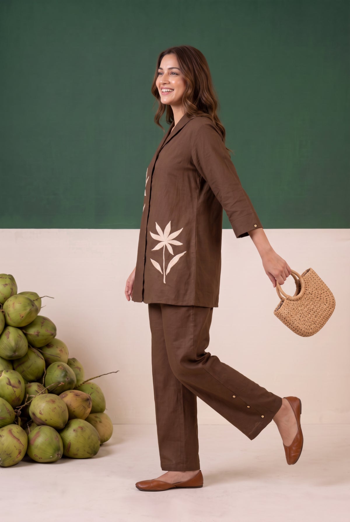 Brown Minimalist Floral Embroidered Cotton Flex Co-ord Set