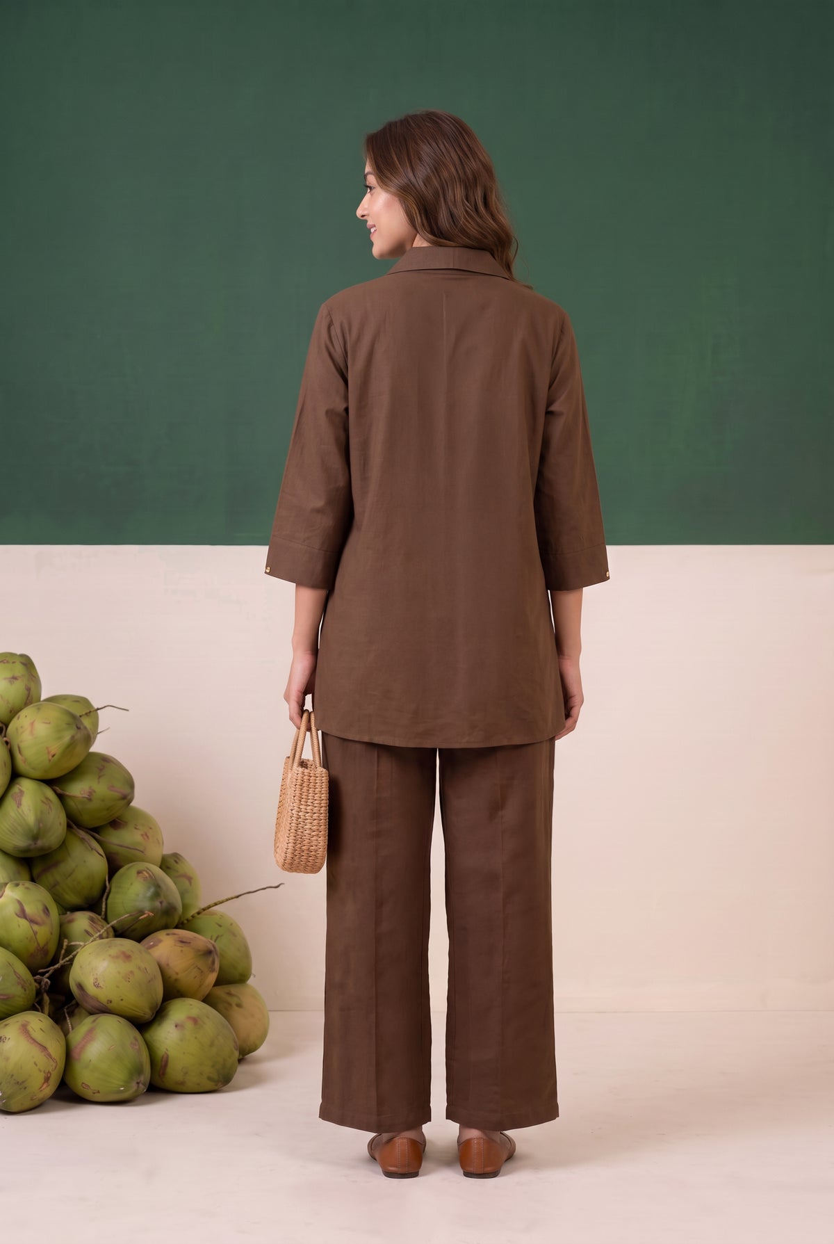 Brown Minimalist Floral Embroidered Cotton Flex Co-ord Set