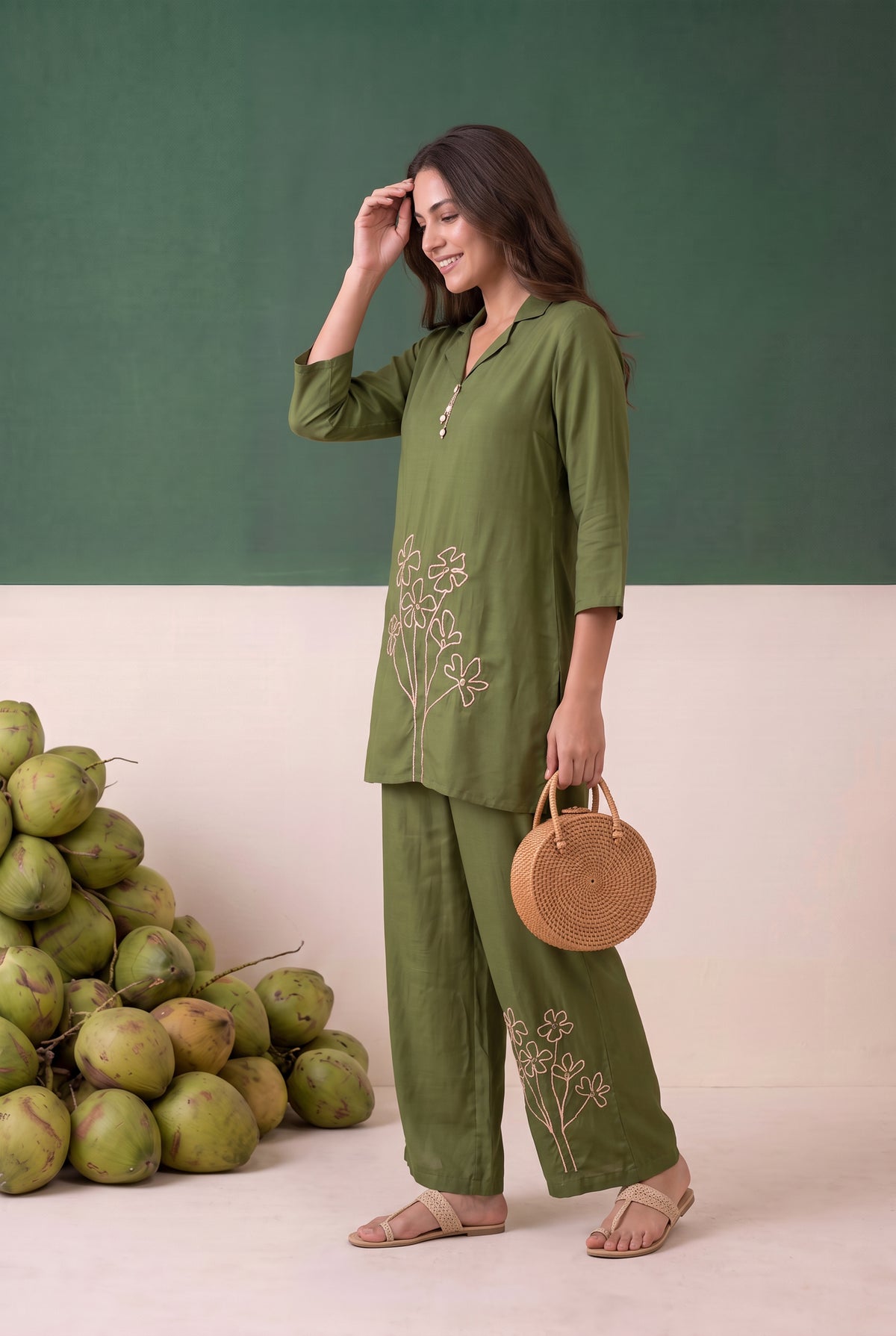 Green Artistic Floral Embroidered Muslin Co-ord Set