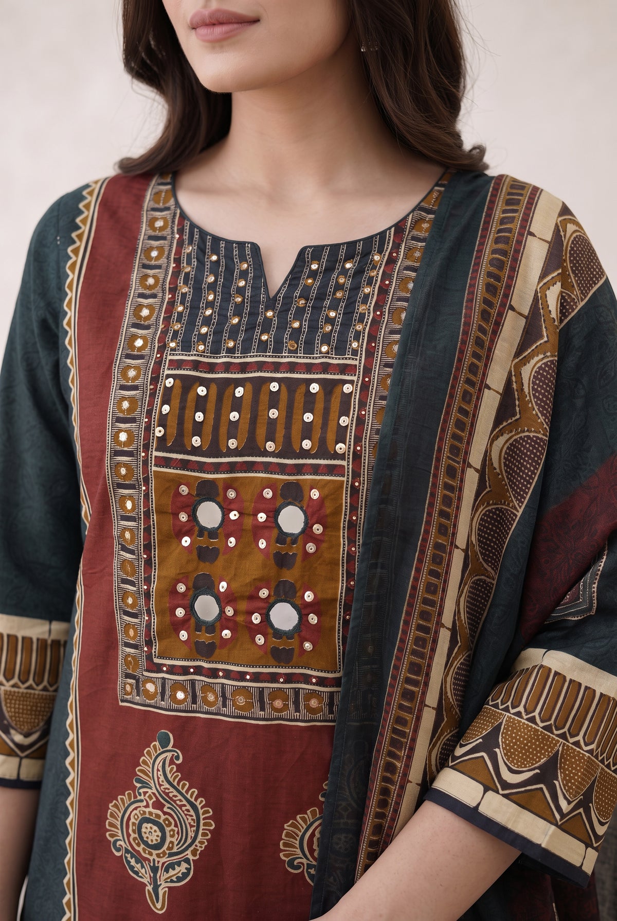 Teal Maroon Printed Cotton Kurta Set with Dupatta
