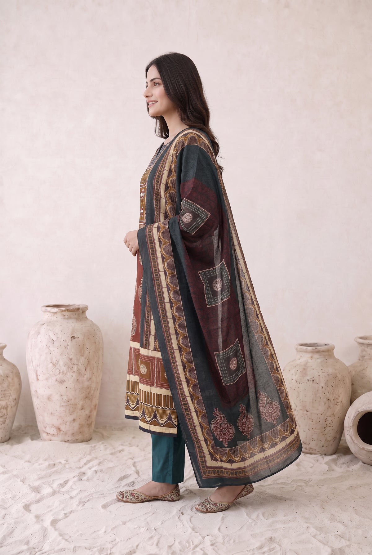 Teal Maroon Printed Cotton Kurta Set with Dupatta