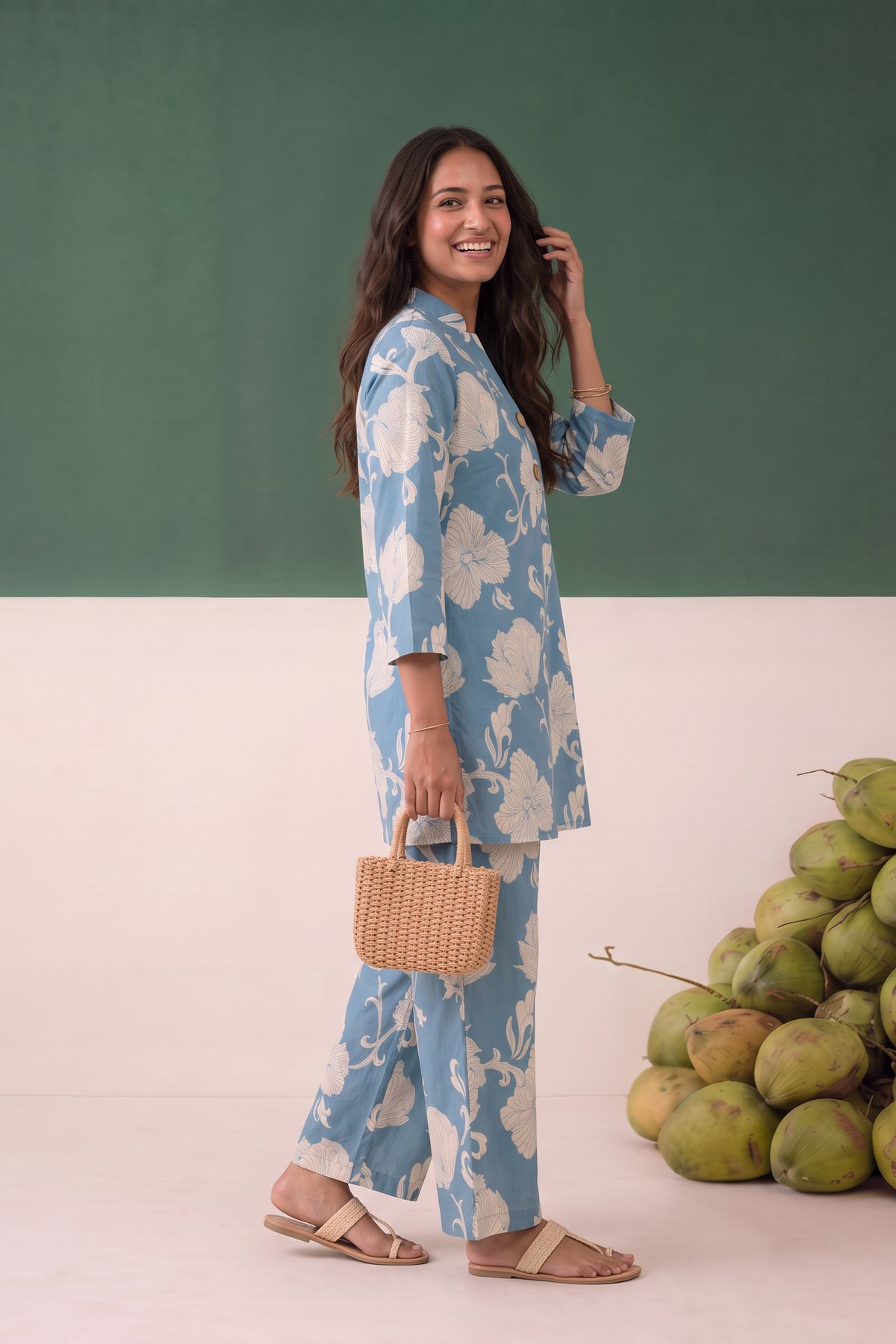 Sky Blue Statement Floral Printed Cotton Co-ord Set