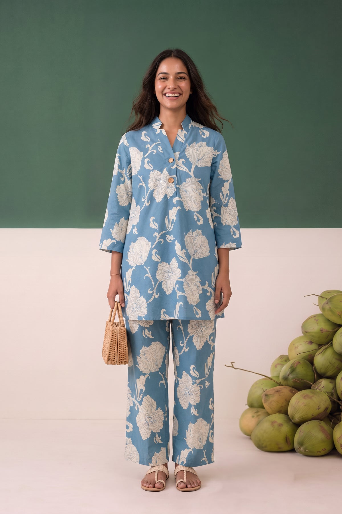 Sky Blue Statement Floral Printed Cotton Co-ord Set