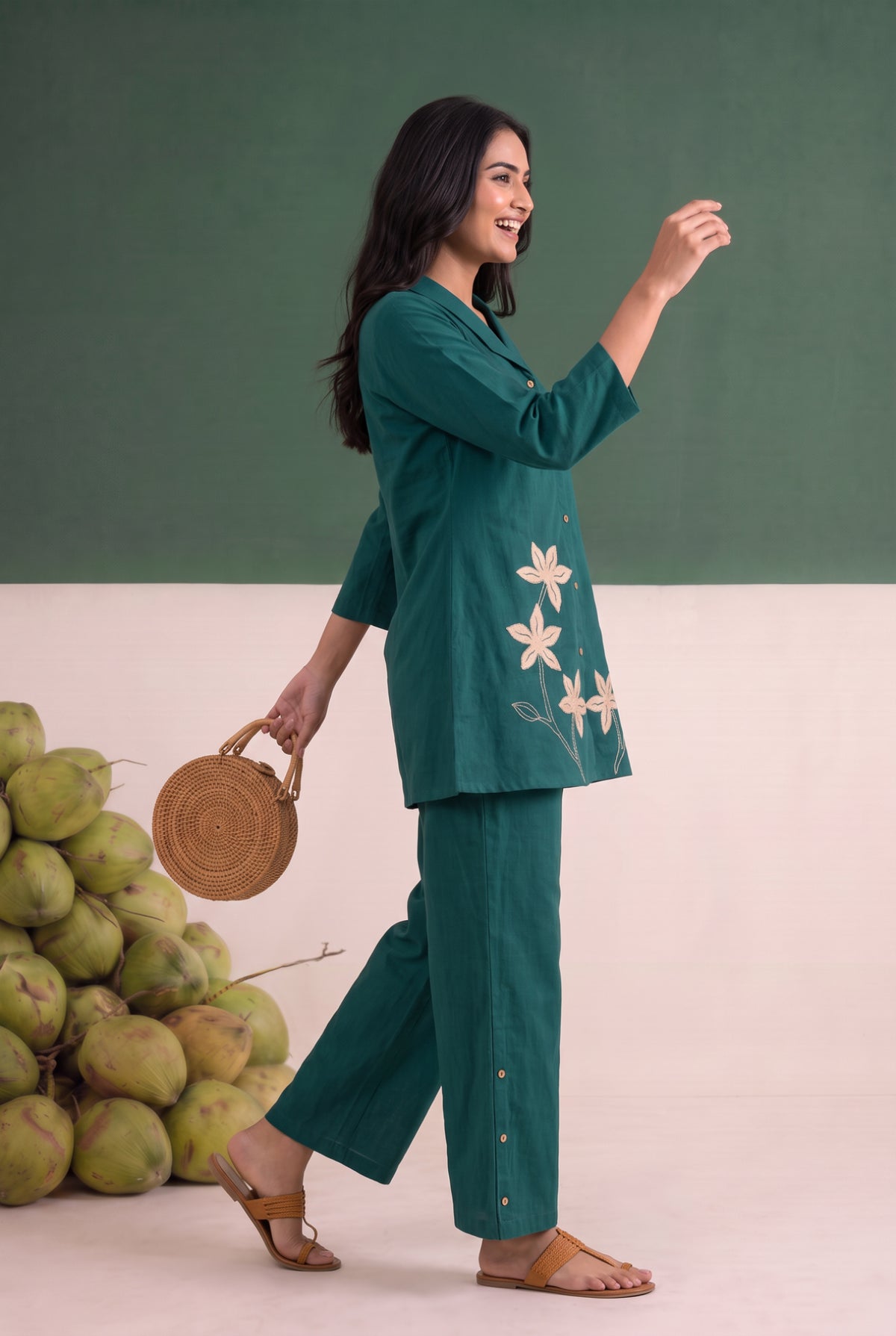 Teal Statement Applique Flower Cotton Flex Co-ord Set