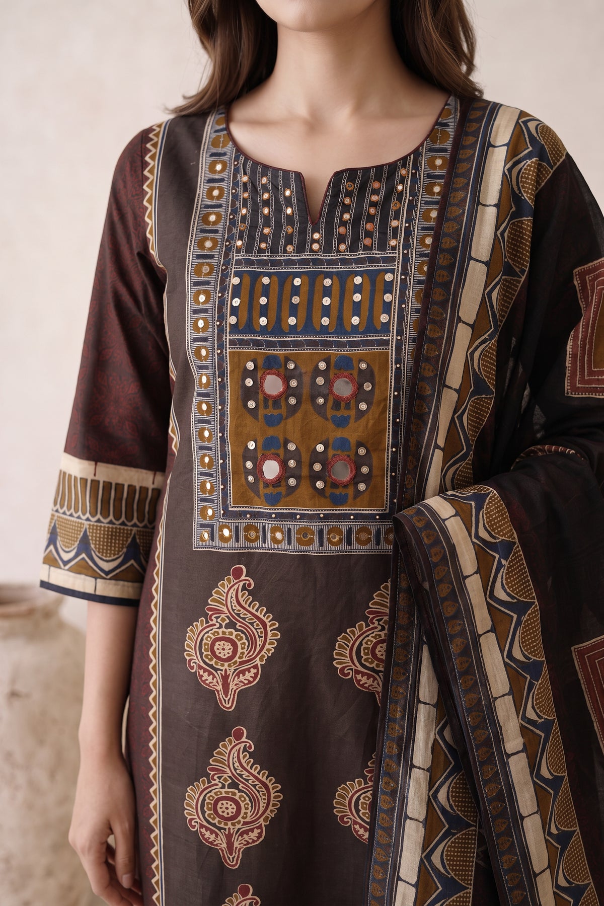 Multicolour Printed Cotton Kurta Set with Dupatta