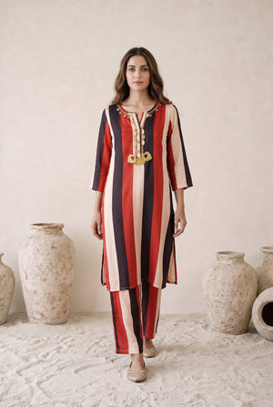 Meher Red, Black & Cream Striped Printed Muslin Kaftan Set