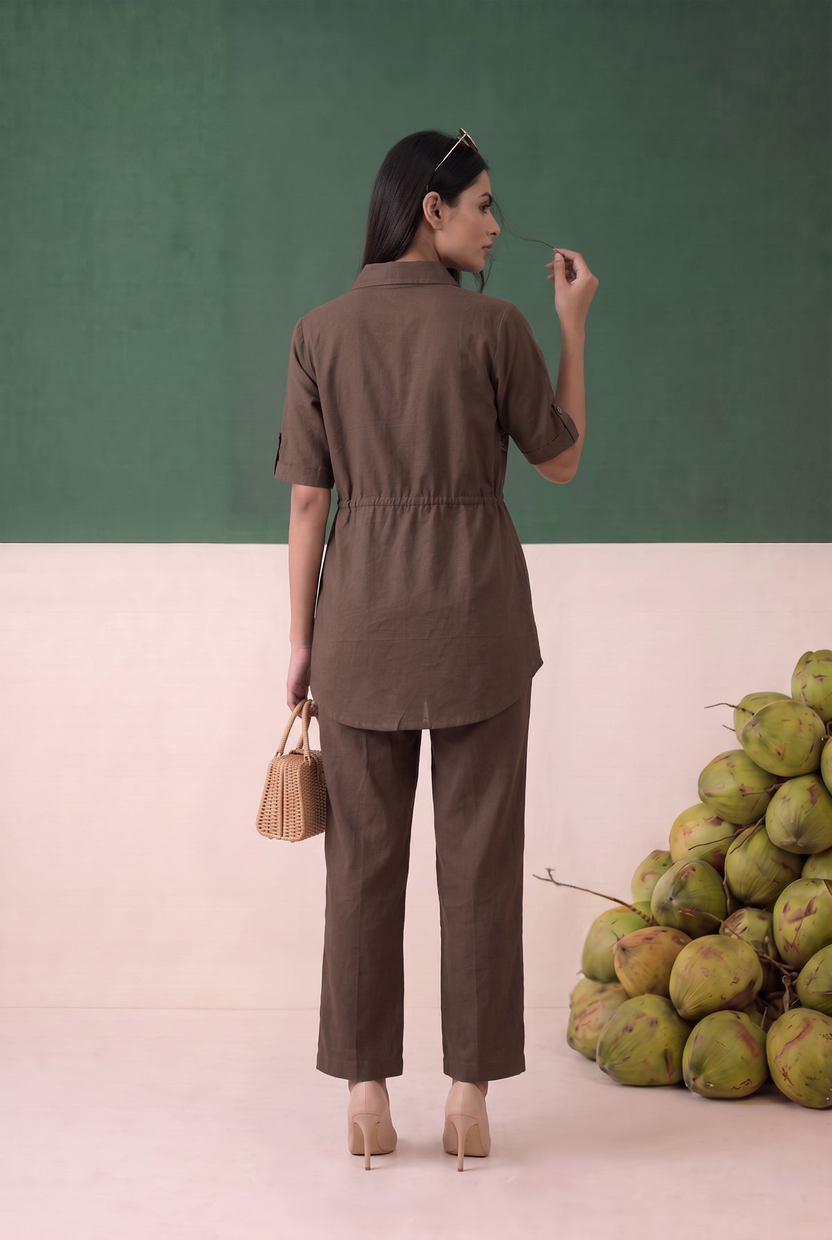 Brown Floral Embroidered Cotton Co-ord Set