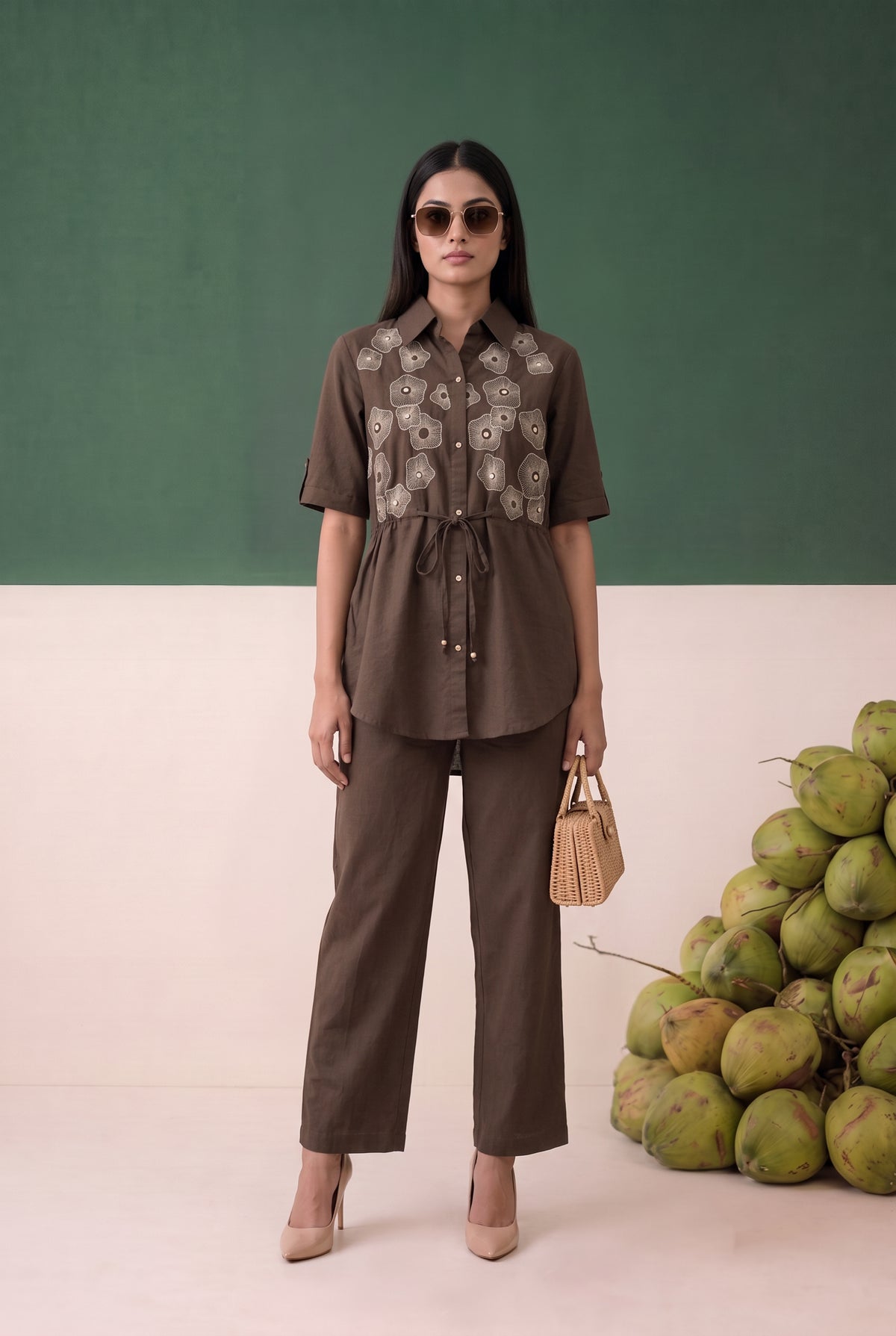 Brown Floral Embroidered Cotton Co-ord Set