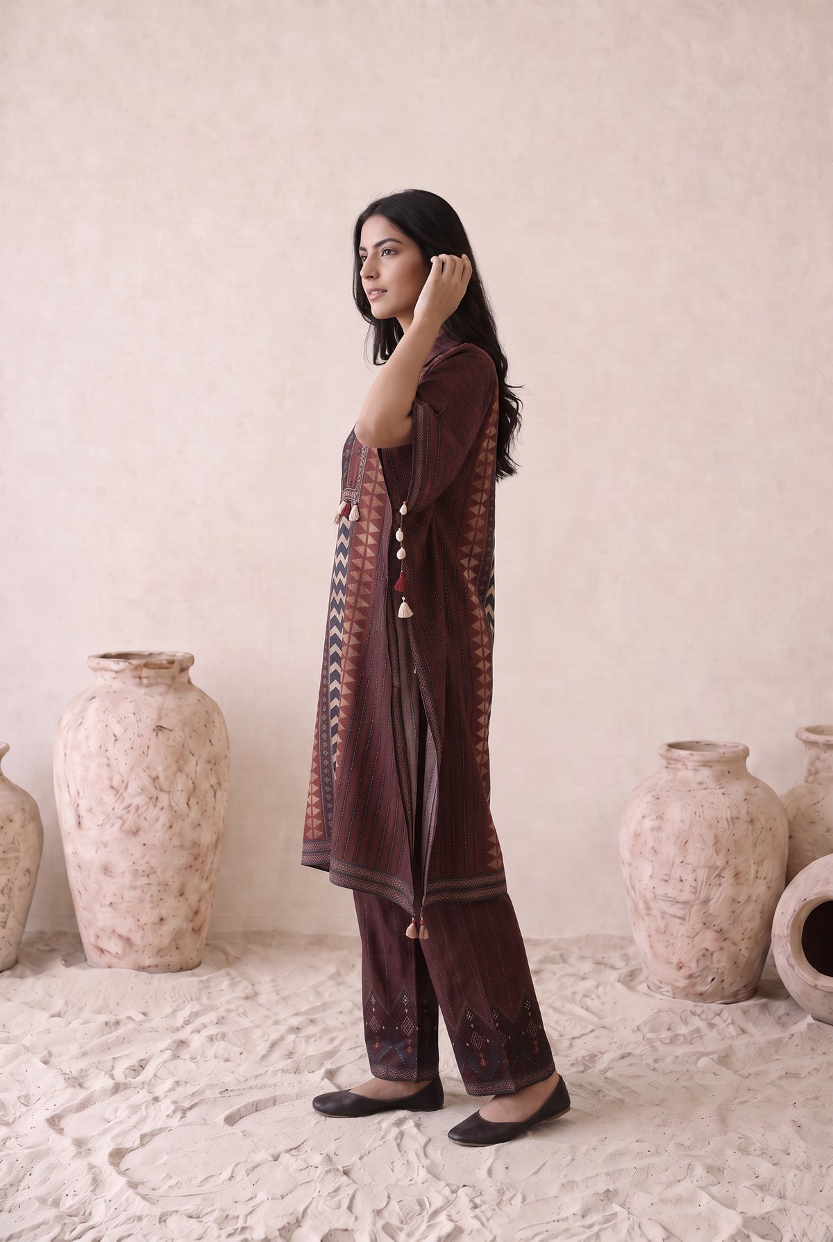 Ruhani Maroon Floral Printed Muslin Kaftan Set