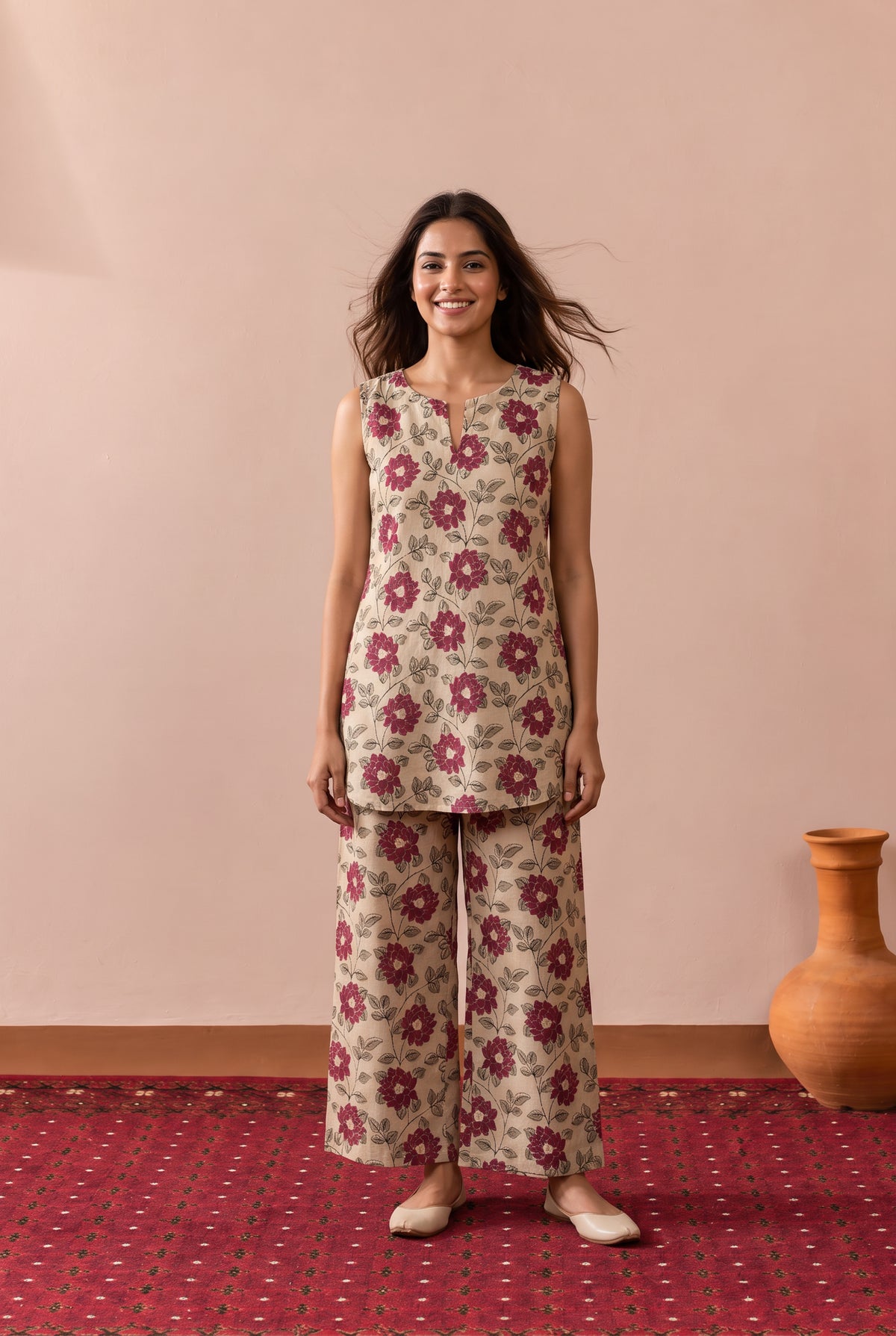 Beige Bloom And Leaf Printed Cotton Co-ord Set