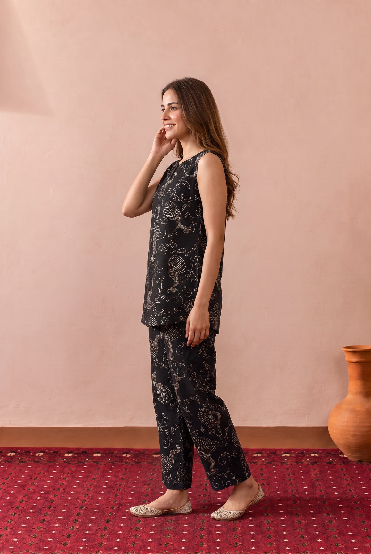 Black Ornamental Peacock Printed Cotton Co-ord Set