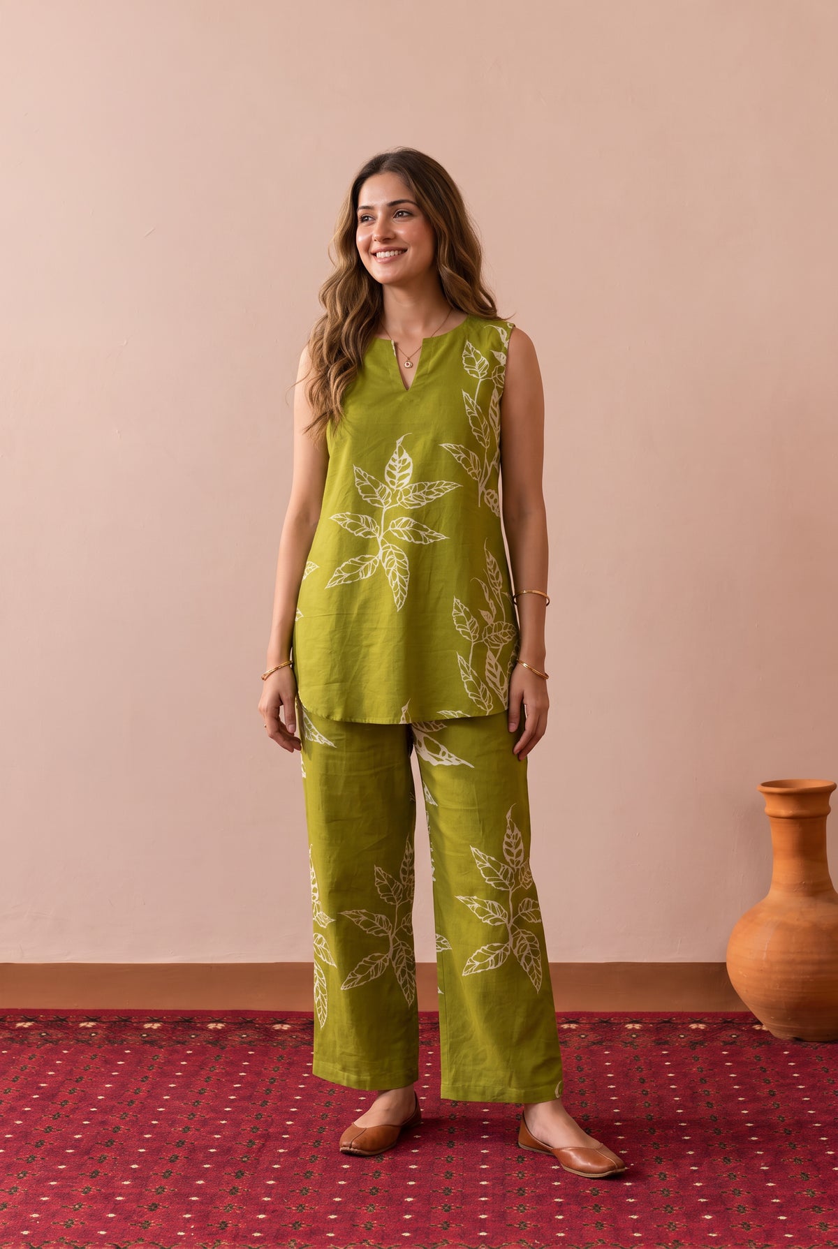 Green Tropical Leaf Outline Printed Cotton Co-ord Set